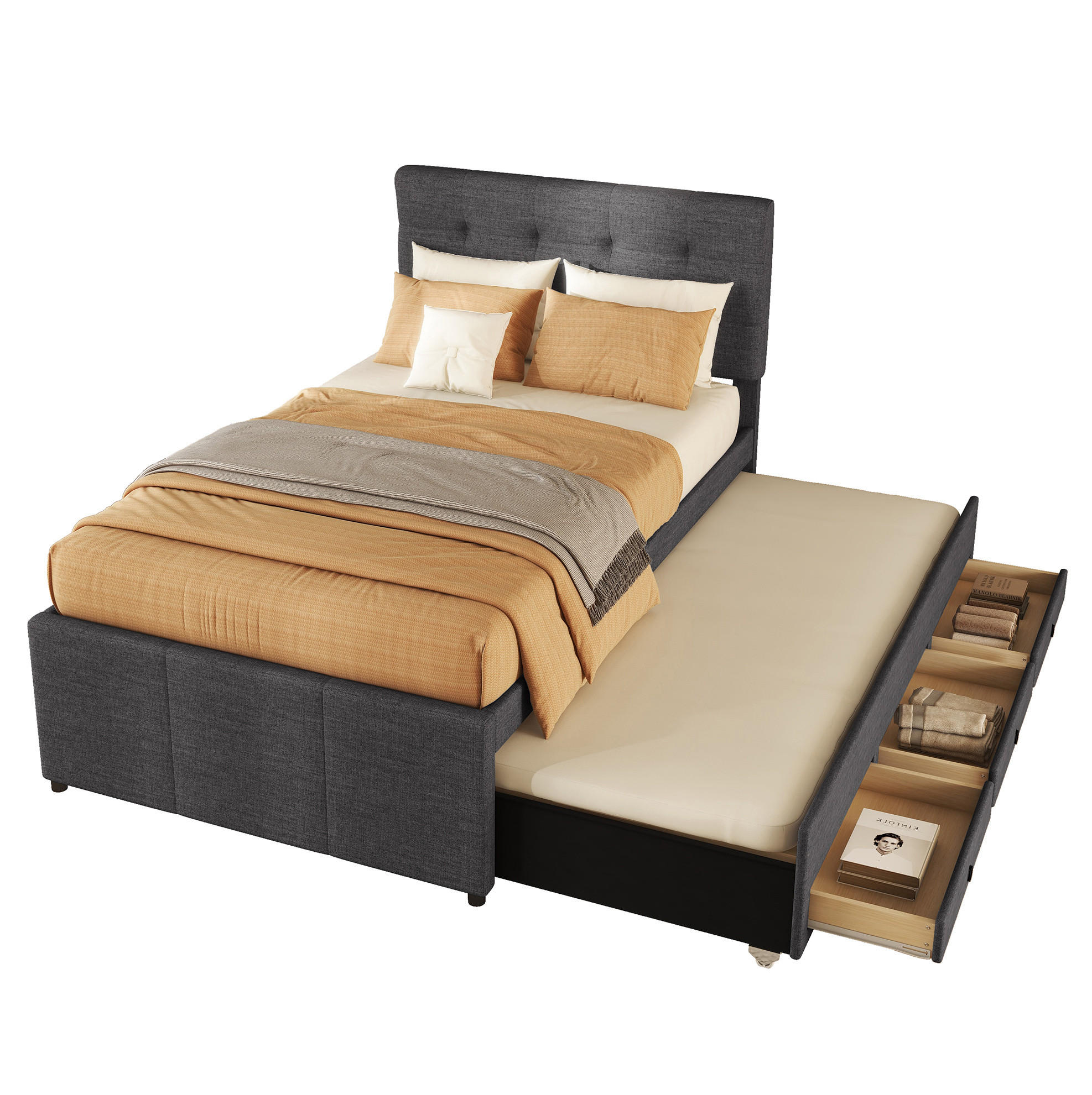 POLSTERBETT aus Leinen und MDF 90x200 cm Grau mit Ausziehbett, 3 Schubladen und verstellbarem Kopfteil - Grau, Textil (90/200cm) - IVMEU