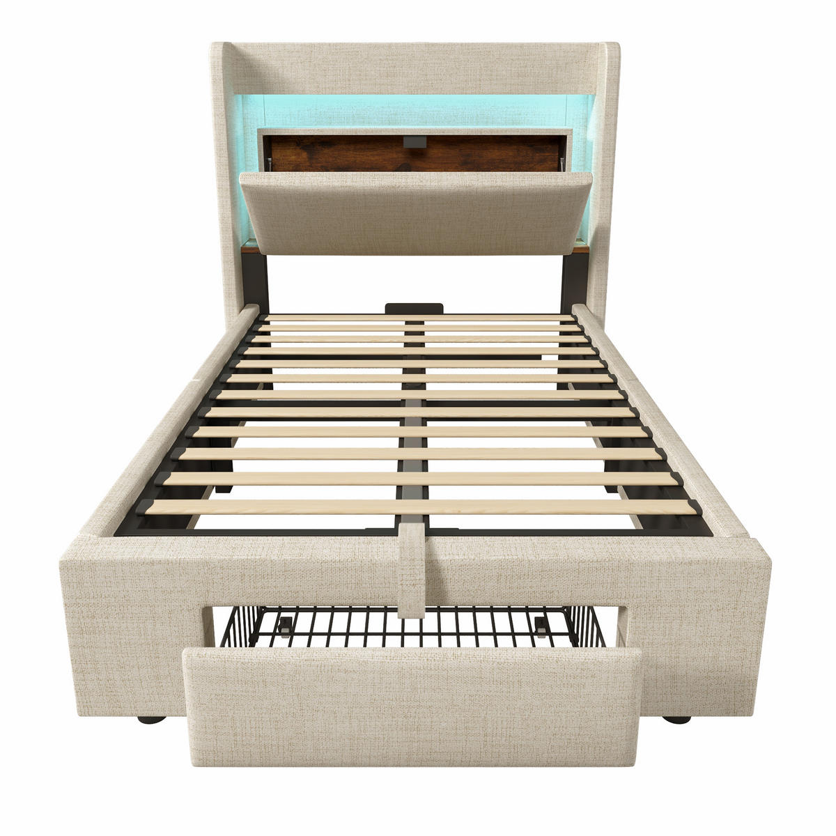POLSTERBETT 90/200 cm mit LED, USB- und USB-C-Anschluss, hydraulischem Stauraum und Schublade, Beige - Beige, Textil (90/200cm) - Redom