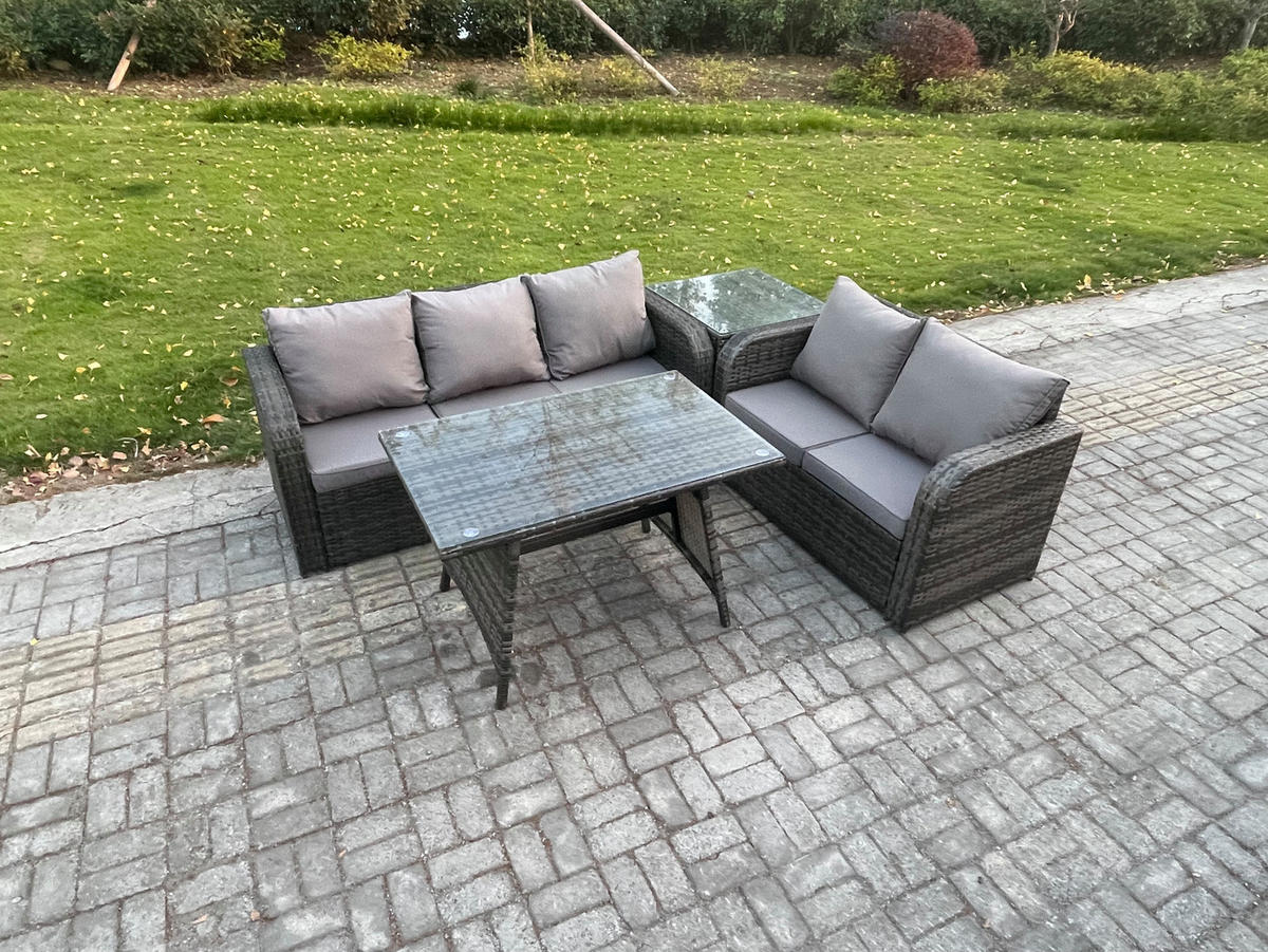 GARTENMÖBEL SET Polyrattan Dunkelgrau 5-Sitzer - Dunkelgrau/Grau, Glas/Kunststoff - Fimous