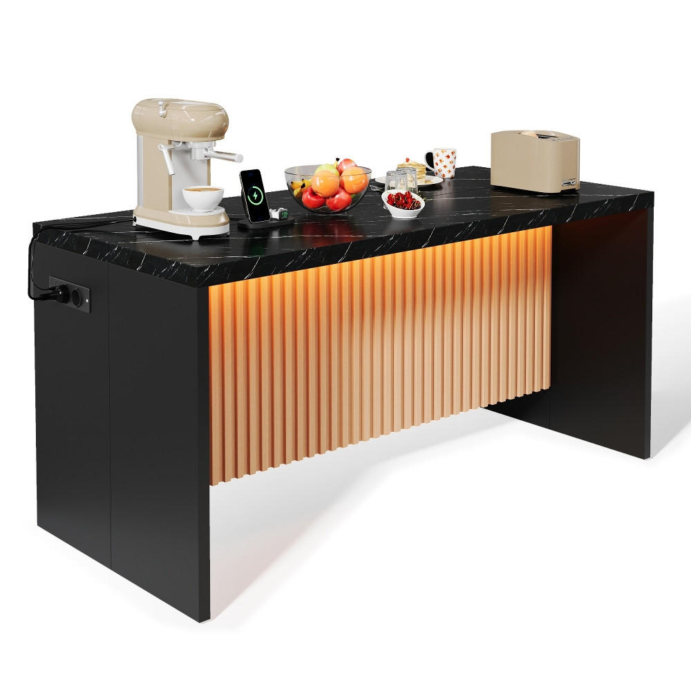 KÜCHENINSEL mit Steckdosen und LED-Beleuchtung, Marmoroptik Schwarz, Industrial Style, 155/80/90 cm - Schwarz, Kunststoff (80/90/155cm) - Rolipo