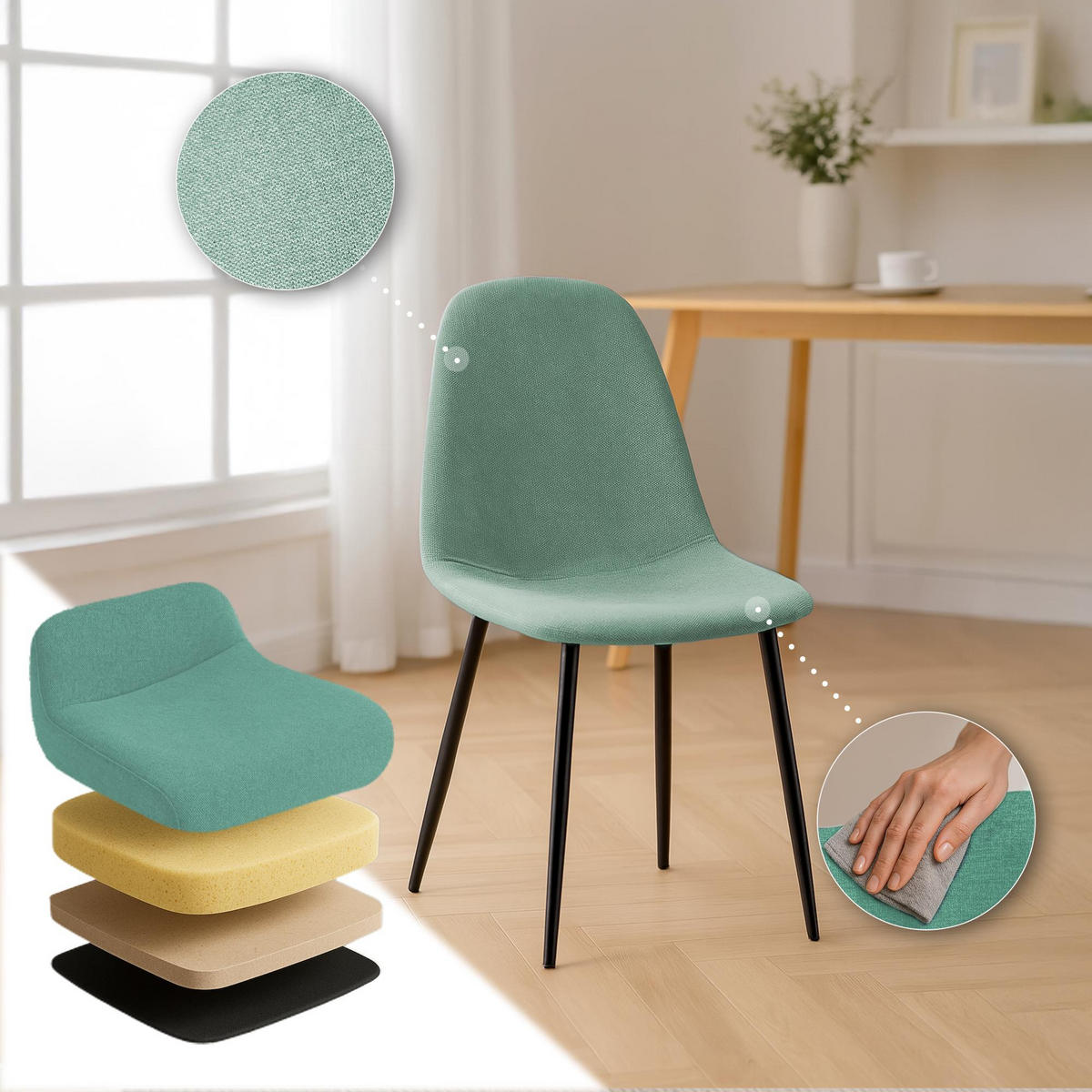 STUHL 4er Set Stoff Hellgrün - Schwarz/Hellgrün, Textil/Metall (44/88/51cm) - CLP