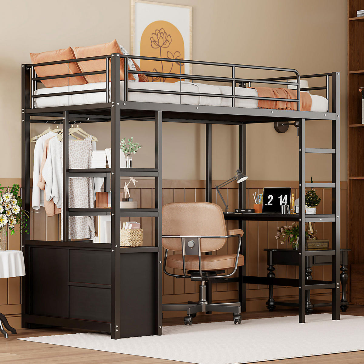 HOCHBETT mit Schreibtisch 90/200 cm in Schwarz – mit Regalen, USB und Rausfallschutz - Schwarz, Metall (90/200cm) - BEAOK