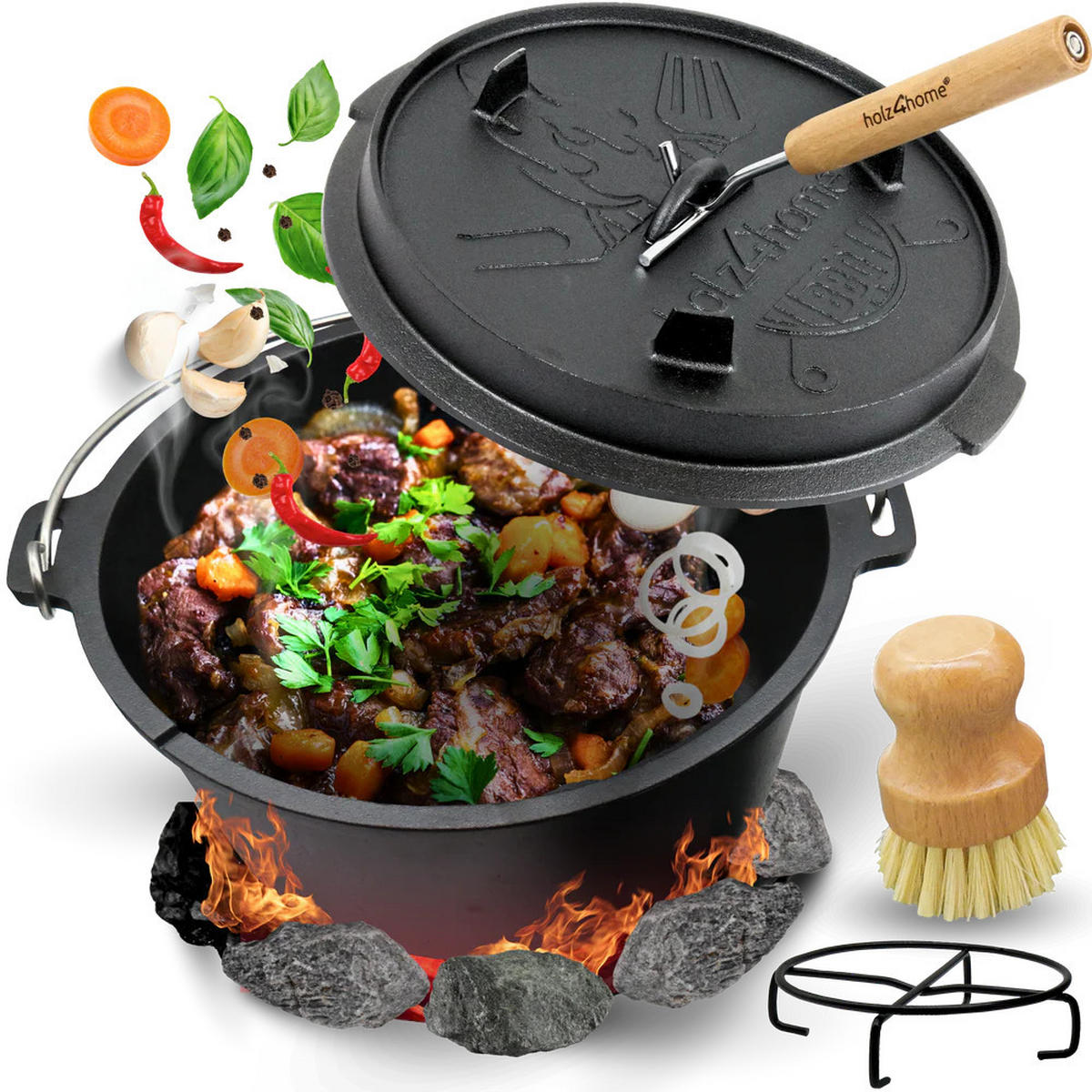 DUTCH OVEN 9 Liter Gusseisen EDOS mit Zubehör - Schwarz, Metall (31/13/31cm) - DELUKE