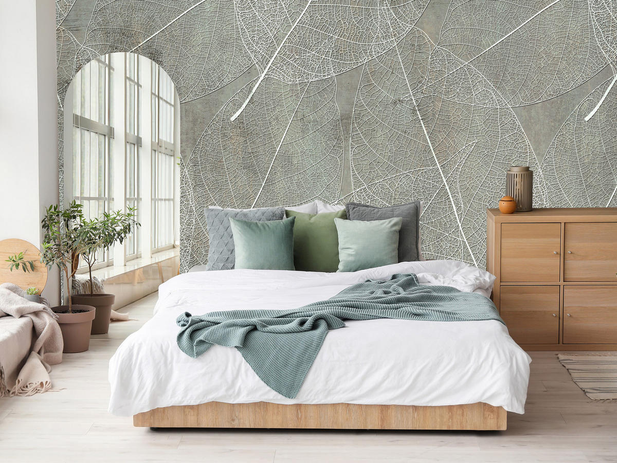 FOTOTAPETE für Wohnzimmer Weiße Blätter auf Beton Minimal 250x175 - Weiß/Grau, Papier (250/175cm) - Muralo