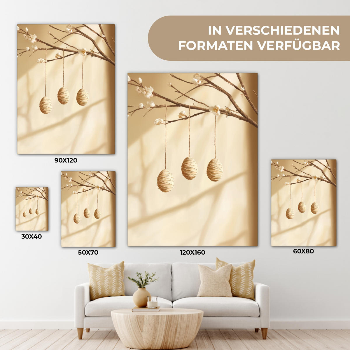 LEINWANDBILD Beige - Osterkuchen - Eier Wandbild Wohnzimmer 60x80 cm - Beige, Textil (60/80cm) - MuchoWow