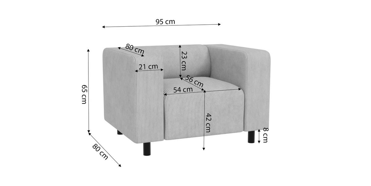 SITZGARNITUR 3+2+1 Tove Hellgrau Cord - Hellgrau/Schwarz, Holz/Kunststoff (175/65/80cm) - S-Style Möbel