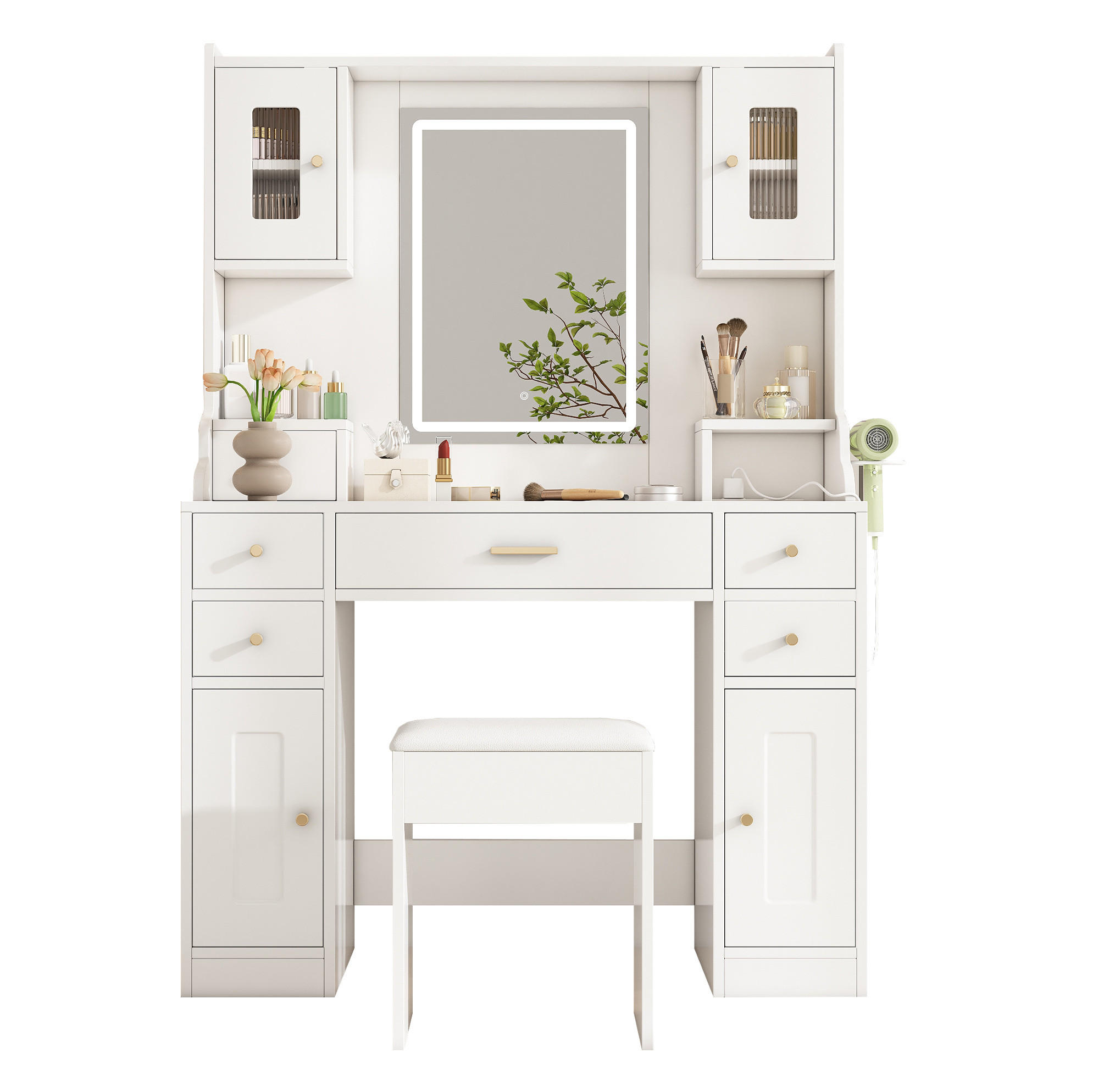 SCHMINKTISCH 105/40/152 cm mit HD-Spiegel, LED-Beleuchtung, Steckdosenleiste und Stauraum aus Spanplatte, Weiß - Weiß, Holzwerkstoff (105/152/40cm) - Redom
