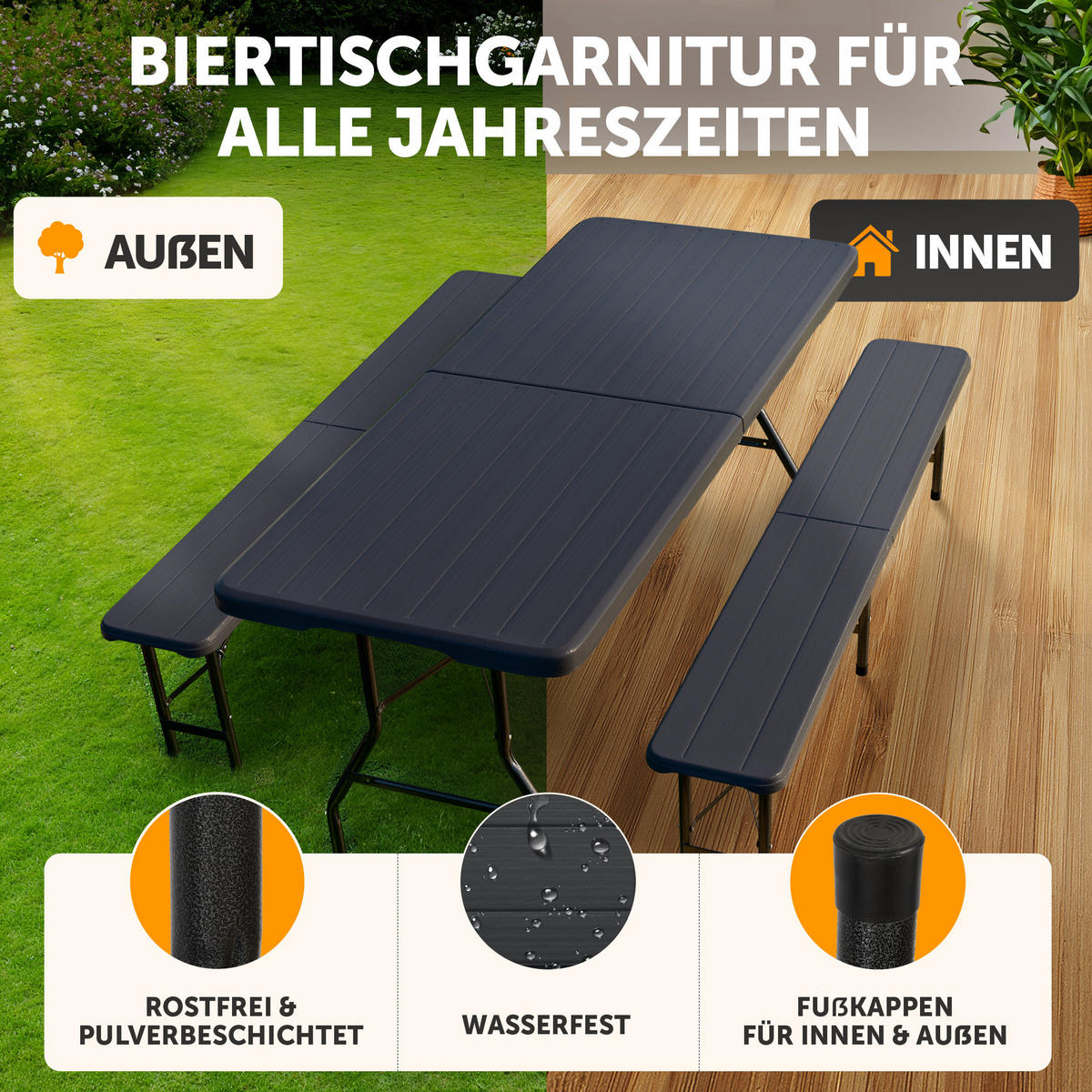 BIERZELTGARNITUR 3-teilig, 2x Bank & 1x Tisch in Schwarz mit Rattanmuster - Anthrazit, Kunststoff - Blumtal