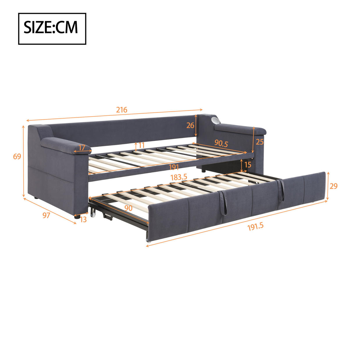 SCHLAFSOFA aus Samtstoff 90/180x190 cm Grau mit Bluetooth-Stereo, USB-Anschluss, Ablagefächern und Lattenrost - Grau, Textil (216/69/97cm) - Modfu