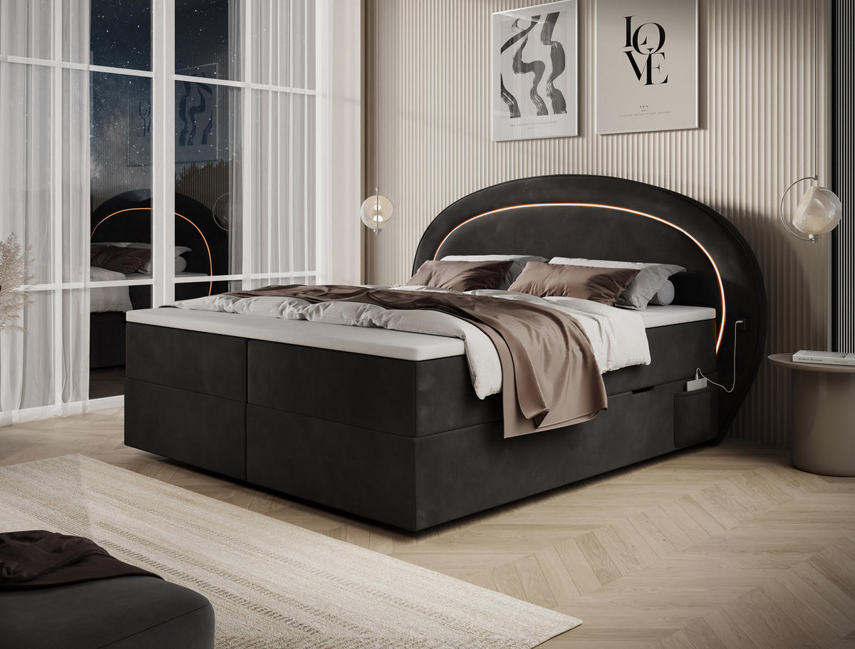 BOXBETT Nova 1 schwarz 180/200 cm mit LED H3 - Schwarz, Textil (180/200cm) - wonello