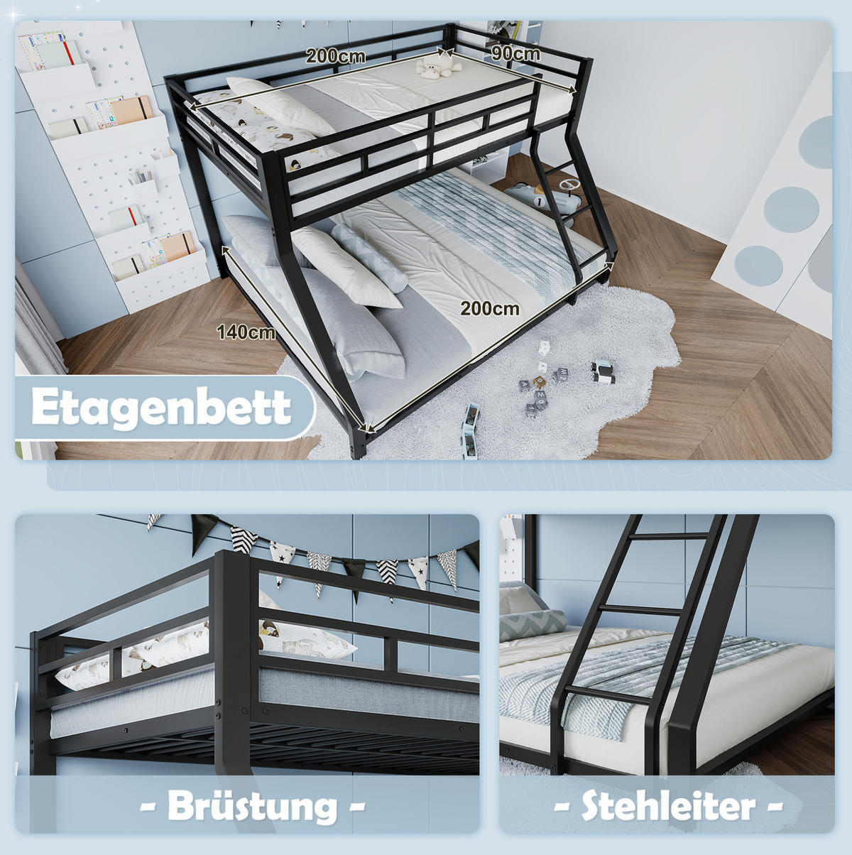 ETAGENBETT 90/200 cm und 140/200 cm mit Treppe, Geländer, Metall, Schwarz ohne Matratze - Schwarz, Metall (140/200cm) - MIVRAY