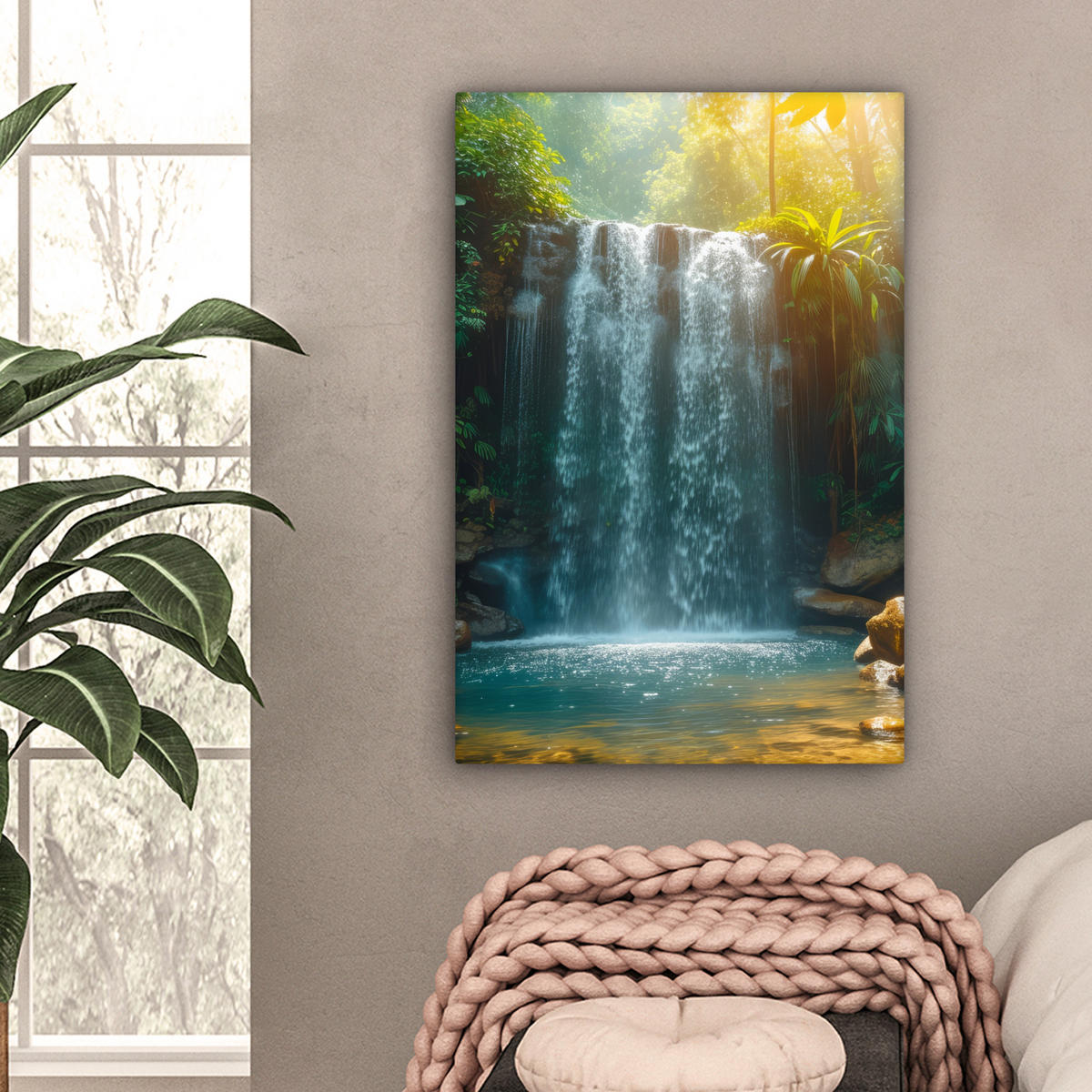 LEINWANDBILD Wasserfall - Dschungel - Sonne - Grün - Natur 60x90 cm - Grün, Textil (60/90cm) - MuchoWow
