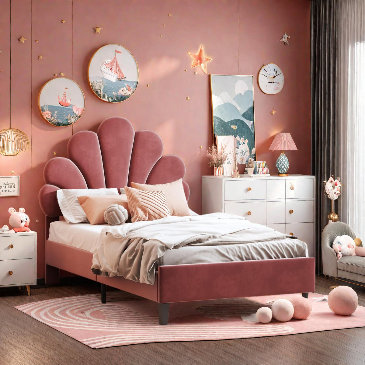 KINDEREINZELBETT 90 x 200 cm, mit blumenförmigem Kopfteil und Lattenrost, Mädchenbett,Lattenrost,tiefrot, Samt. - Dunkelrot, Holz (90/200cm) - WoodenAura