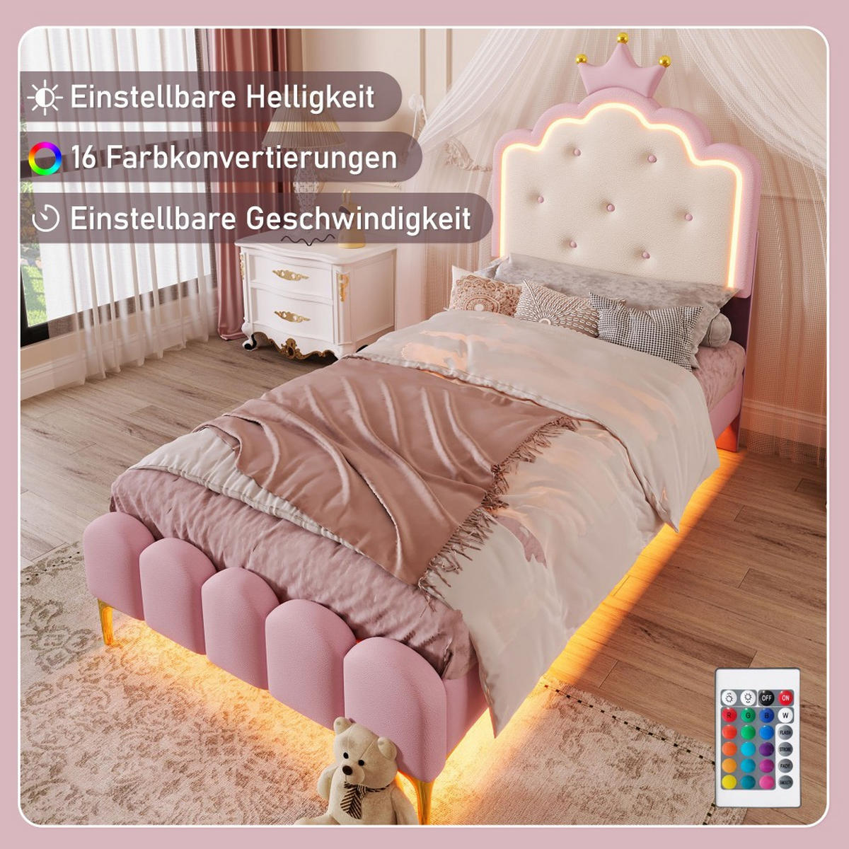 POLSTERBET 90 x 200 cm in Rosa PU mit Lattenrost - Pink, Textil (90/200cm) - KOMHTOM