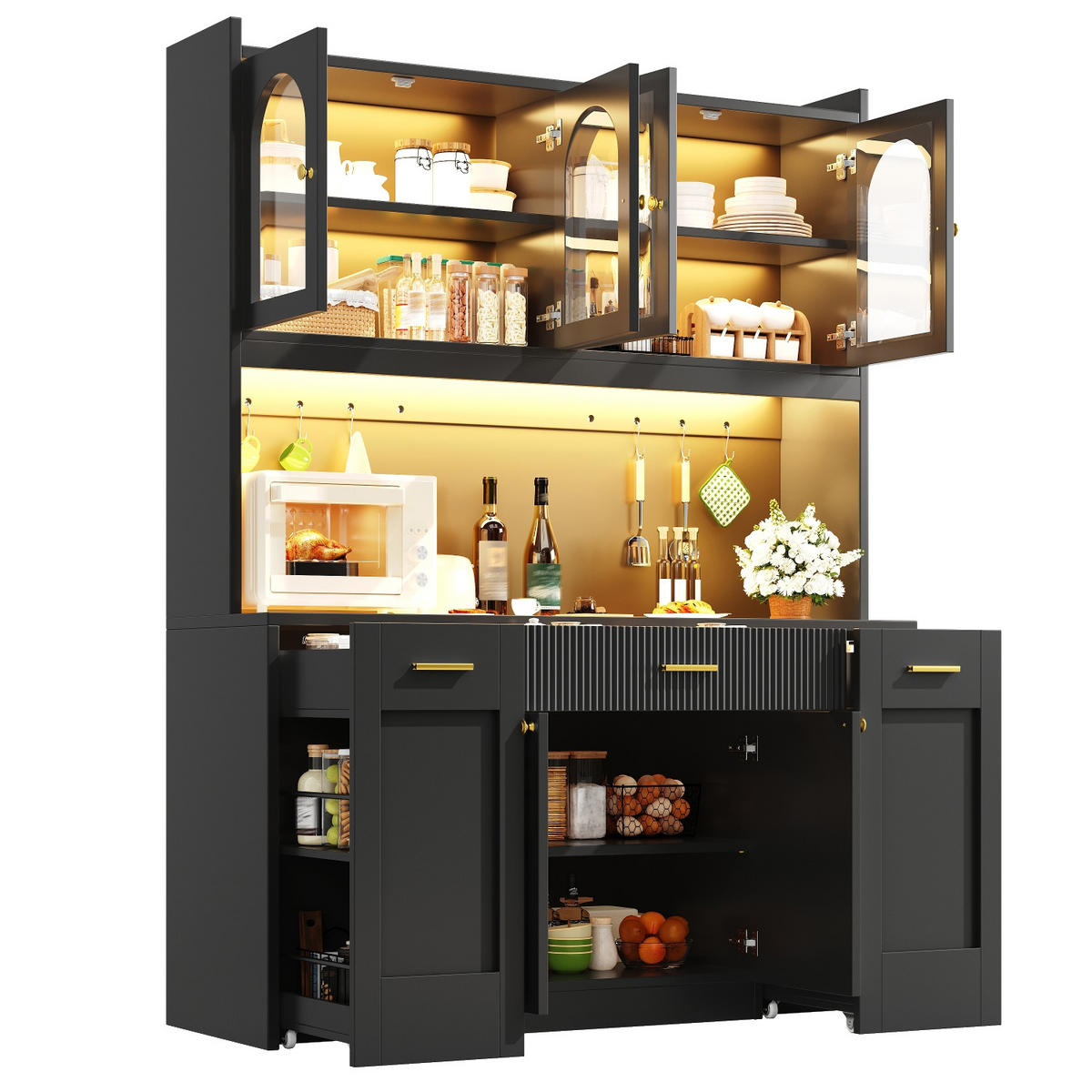 KÜCHENSCHRANK 120/187/40 cm, MDF, Schwarz, MIT RGB-LED BELEUCHTUNG, APP-STEUERUNG, für Küche und Esszimmer - Schwarz, Holzwerkstoff (40/187/120cm) - Rolipo