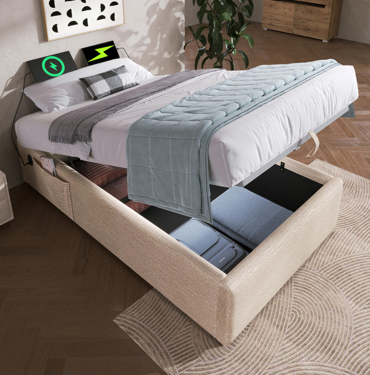 BETT mit Stauraum 90x200 cm Leinen Beige+Natural - Beige, Metall (90/200cm) - Meubliv