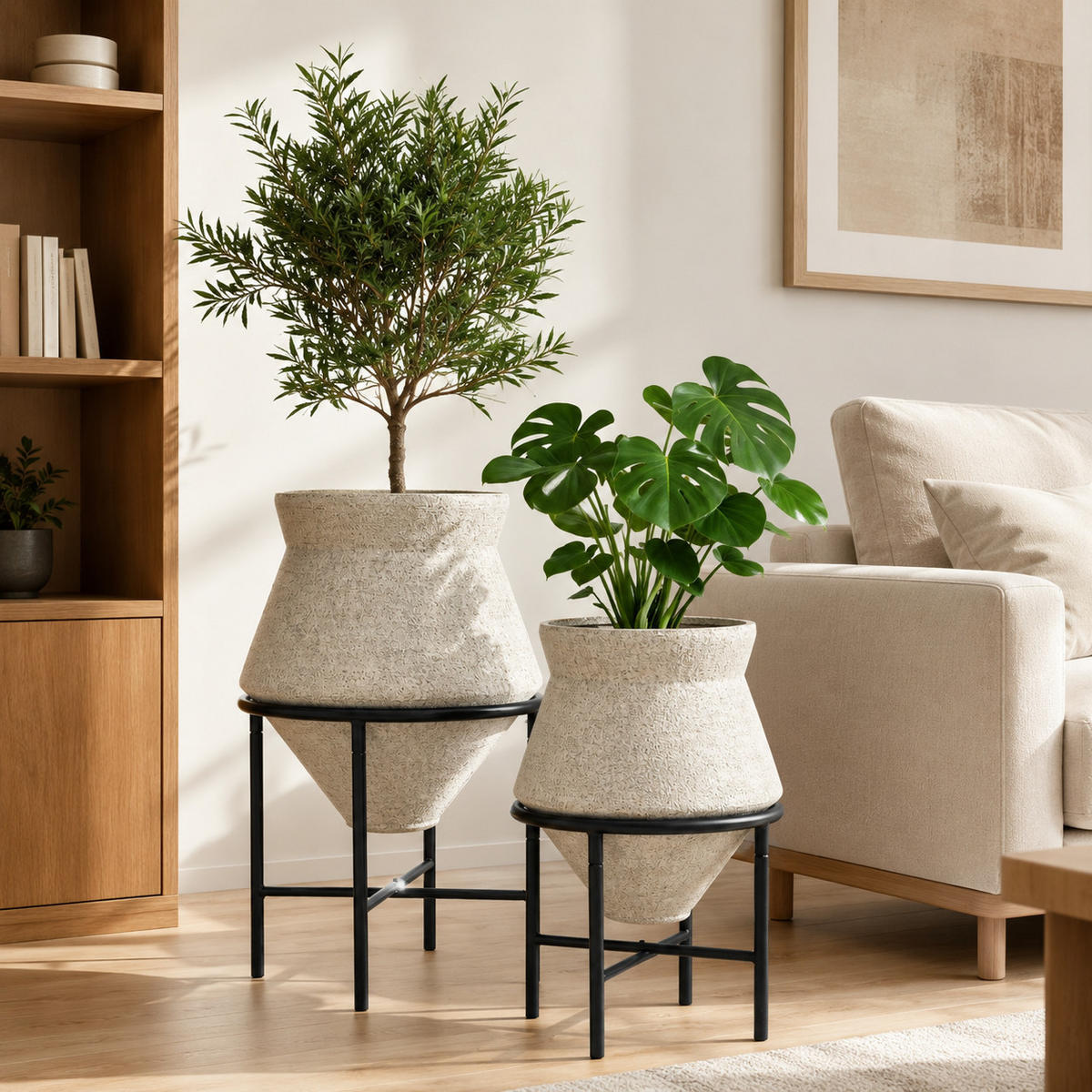 BLUMENTOPF Set 2er aus Eisen, Durchmesser 31& 25cm Für Innenbereich - Beige, Metall (40/62/40cm) - Hometopia