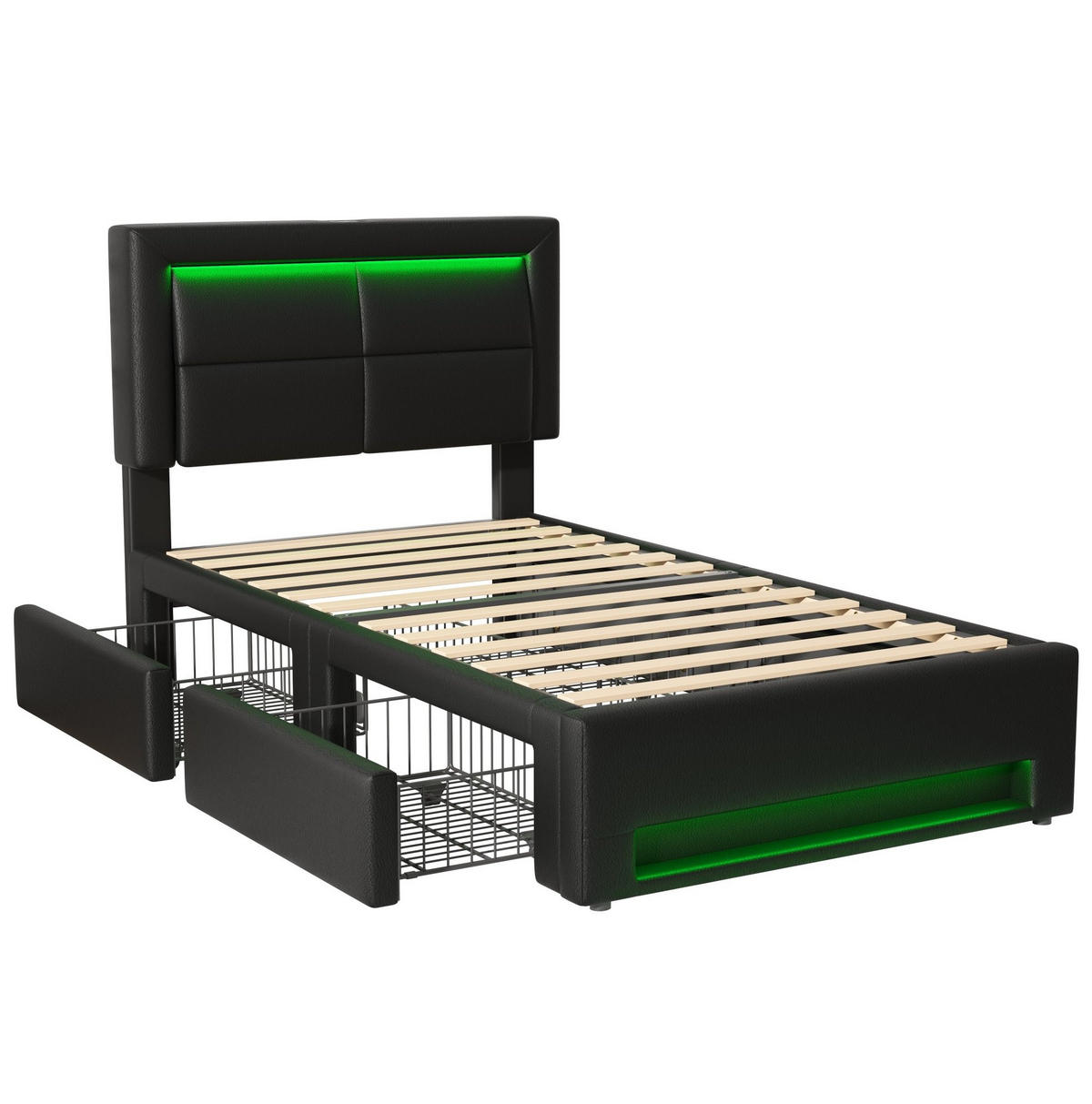 POLSTERBETT mit LED-Beleuchtung 90/200 cm mit 4 Schubladen & USB, Schwarz - Schwarz, Kunststoff (90/200cm) - BEAOK