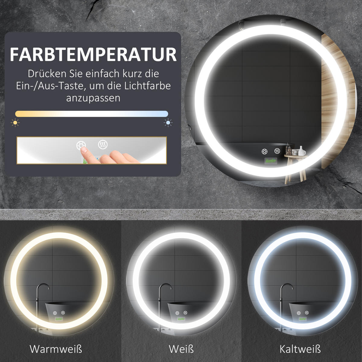 BADEZIMMERSPIEGEL, Ø50 cm, mit LED Beleuchtung, Anti-Beschlag, IP44 - Silberfarben, Glas (50/4.6/50cm) - Kleankin