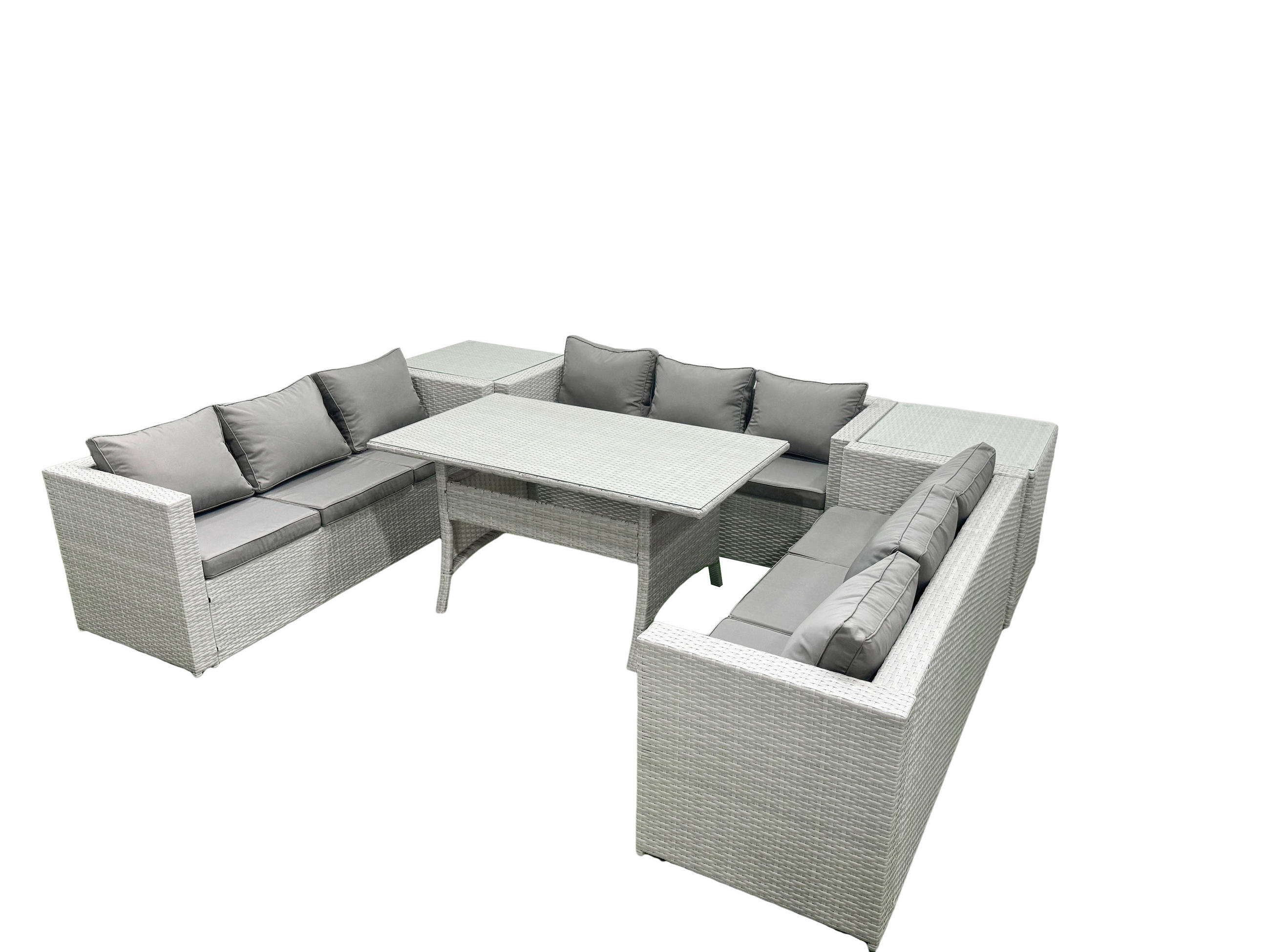 GARTENSET mit Esstisch,Sofa,2 Beistelltischen Polyrattan Hellgrau 9-Sitzer - Hellgrau/Grau, Glas/Kunststoff - Fimous