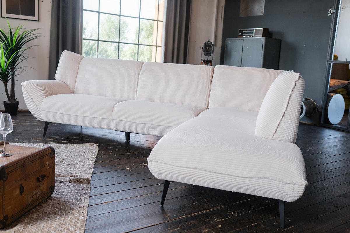 ECKSOFA CALLA Cremeweiß Cord - Creme/Schwarz, Textil (274/203cm) - KAWOLA