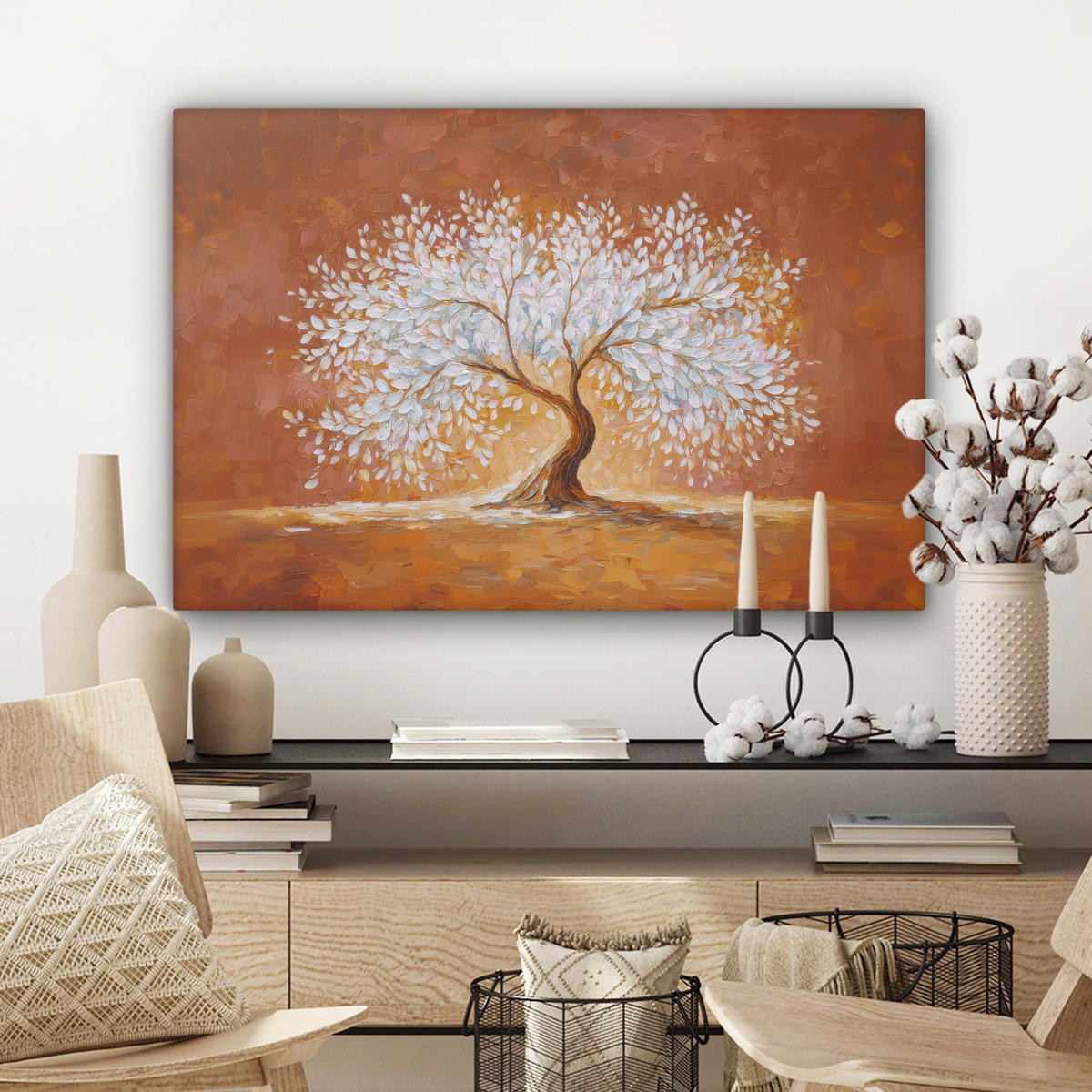 LEINWANDBILD Abstrakt - Baum - Weiß - Blätter Wanddeko 90x60 cm - Braun, Textil (90/60cm) - MuchoWow