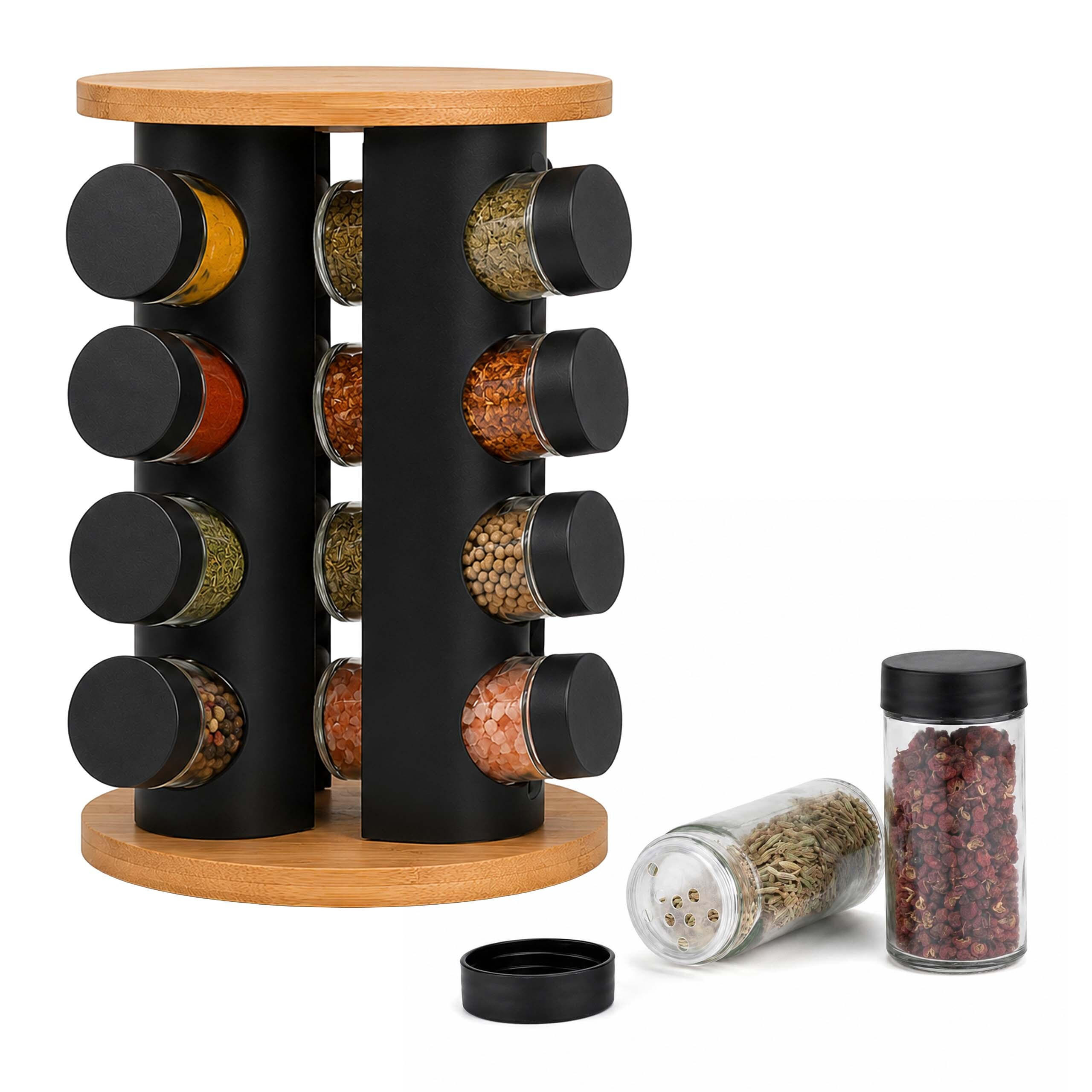 GEWÜRZKARUSSELL Natur Schwarz Transparent 16er-Set - Multicolor, Glas/Holz (19.5/27/19.5cm) - Relaxdays