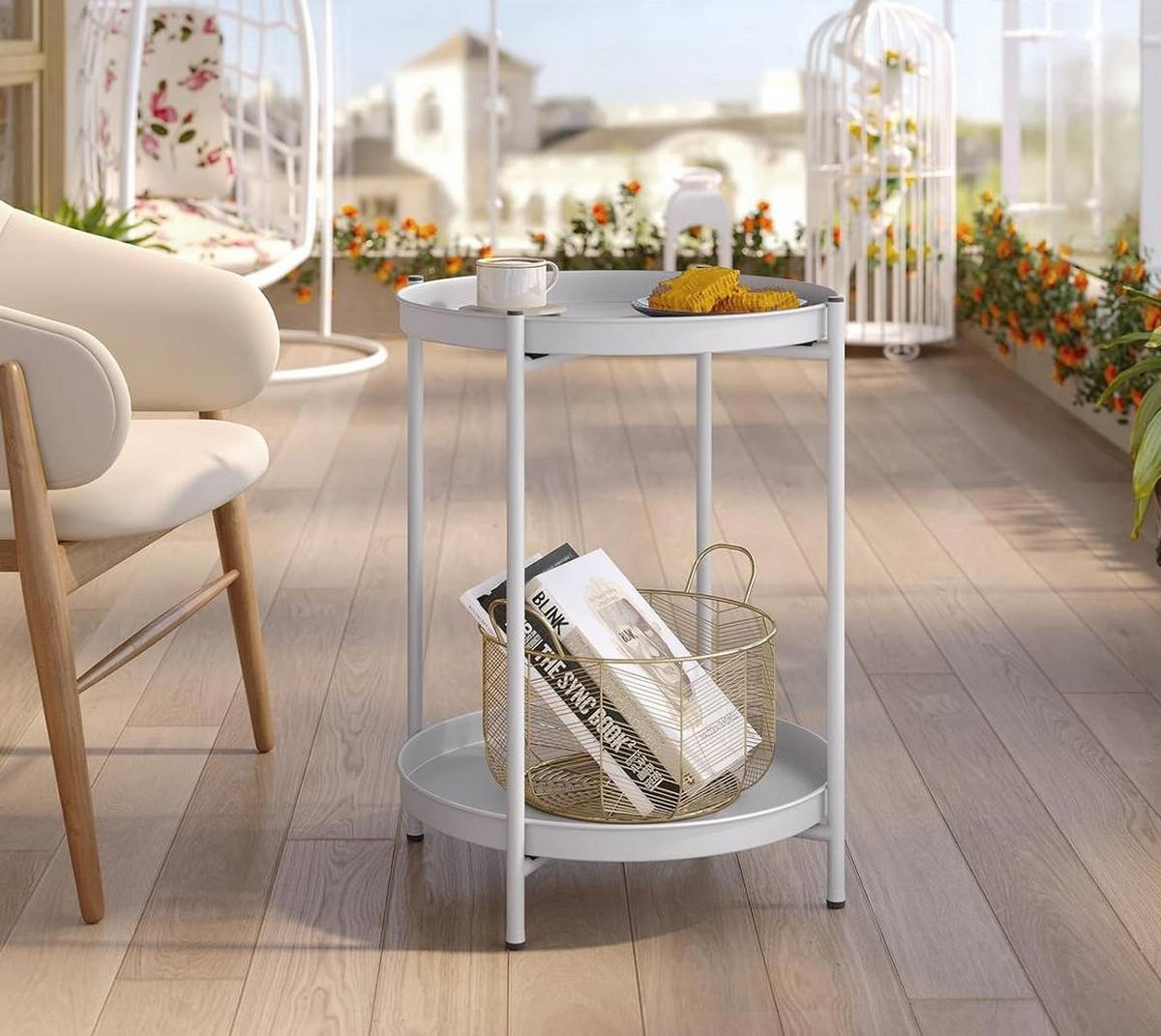 COUCHTISCH rund, mit Stauraum, Metall, Hellgrau - Hellgrau, Metall (44/44/53cm) - Woltu