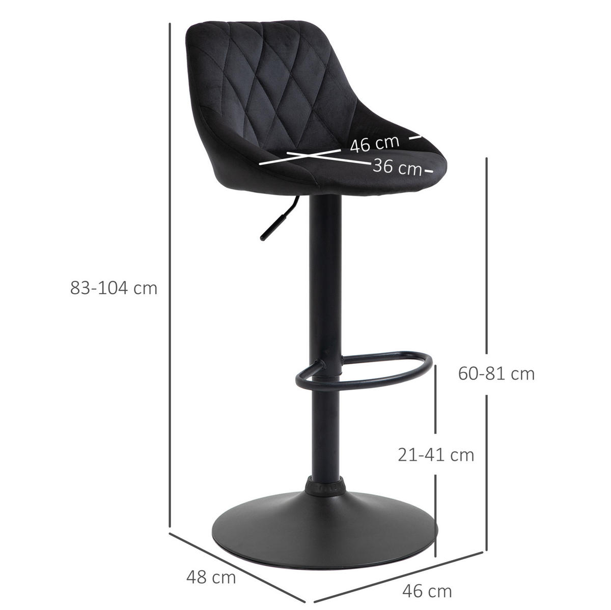BARHOCKER höhenverstellbar 2er-Set Black Polyester Metall - Schwarz, Metall (48/83/51.5cm) - Meubliv