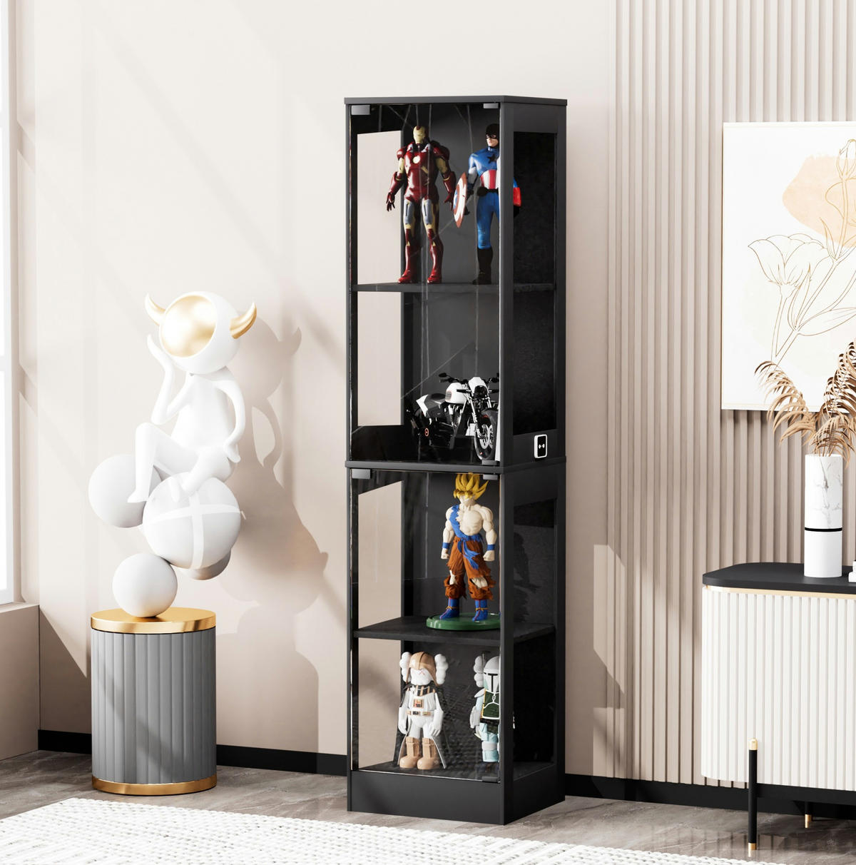 VITRINE 35/40/165 cm mit LED-Beleuchtung, Bewegungssensor, Stauraum und ABS-Rahmen, Akazienfarben - Naturfarben, Kunststoff (40/165/35cm) - Redom