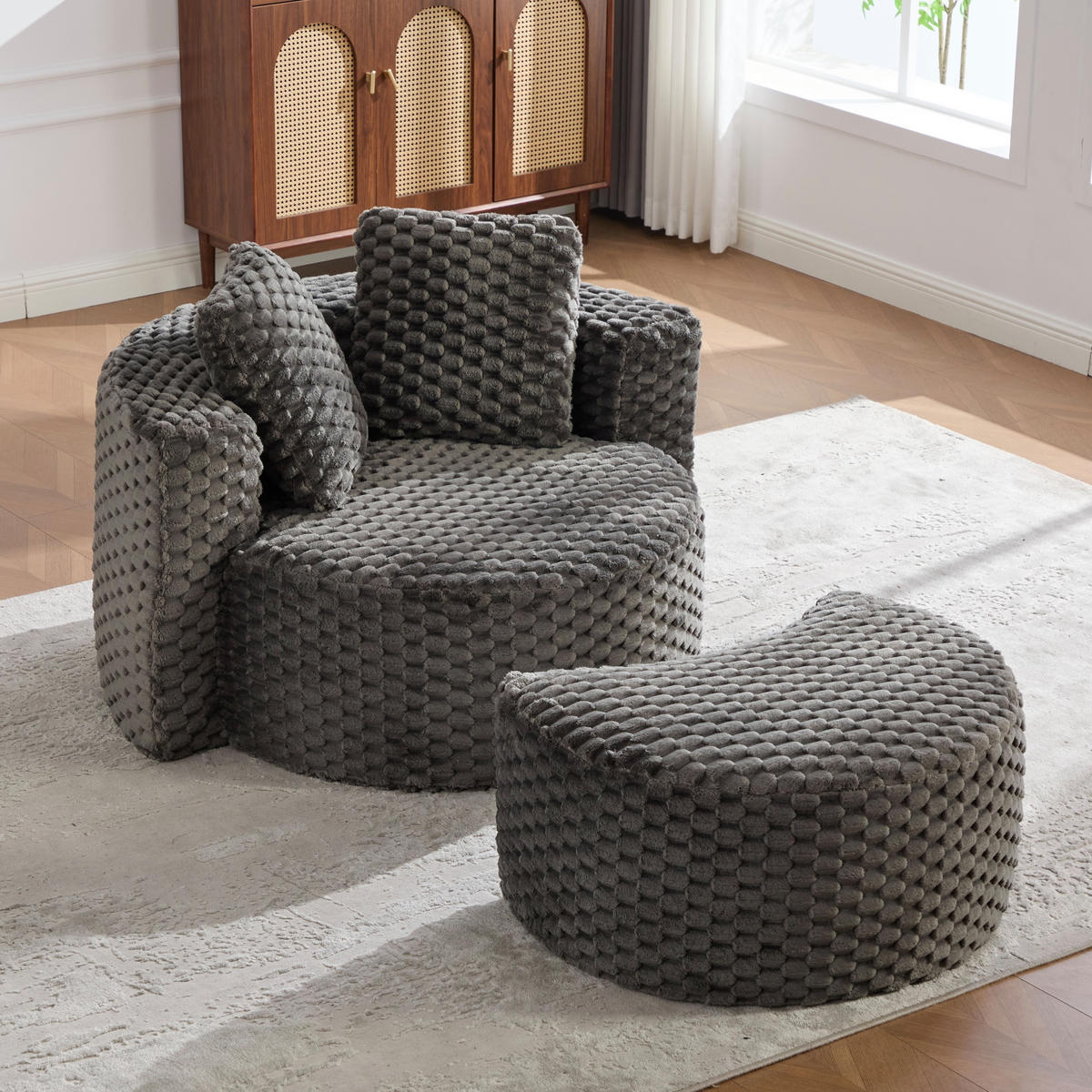 SOFA Dunkelgrau mit Hocker - Dunkelgrau, Textil (130/65/115cm) - WISHDOR