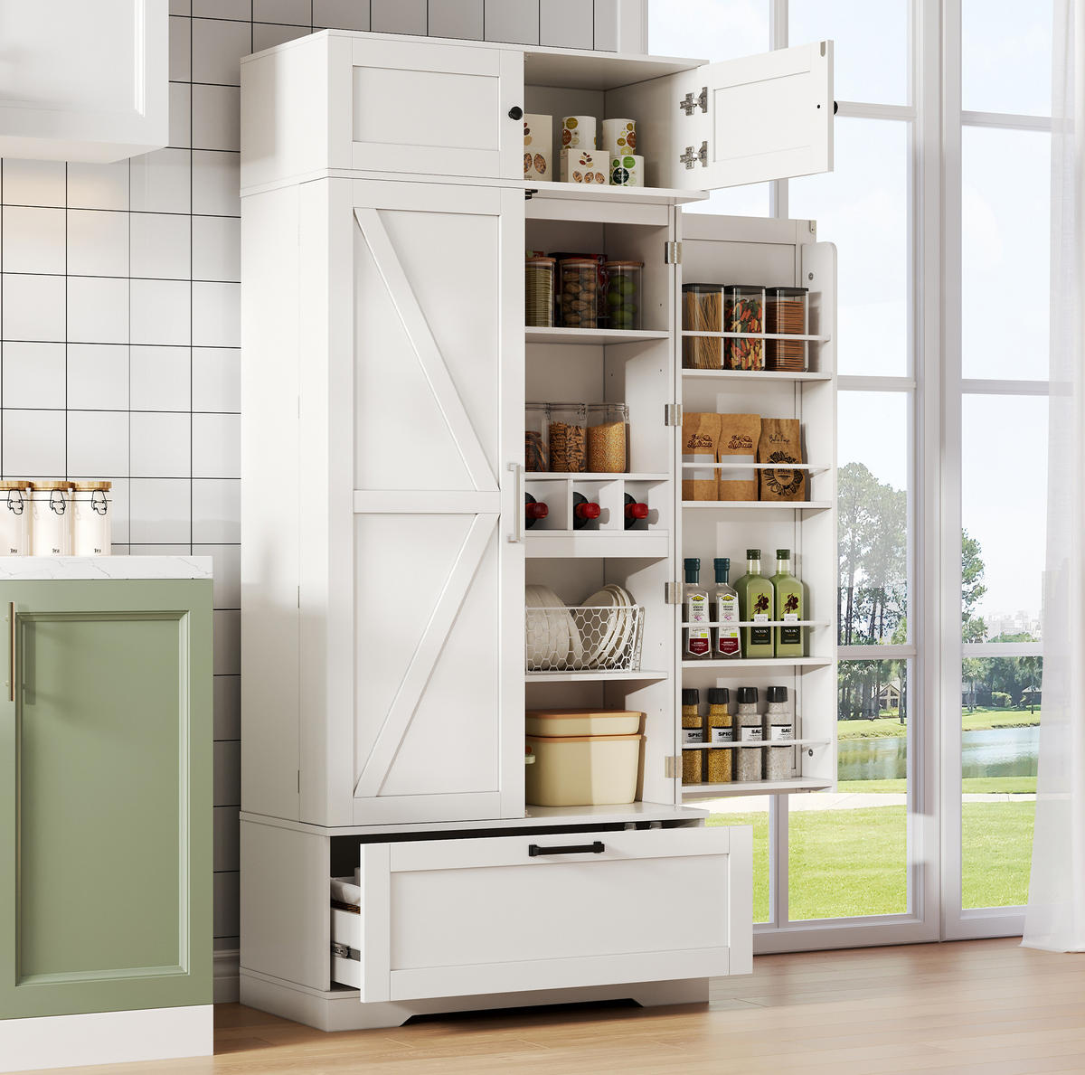 BUFFET 80/40/180 cm weiß aus MDF mit Weinregal - Weiß, Holzwerkstoff (80/180/40cm) - OKWISH