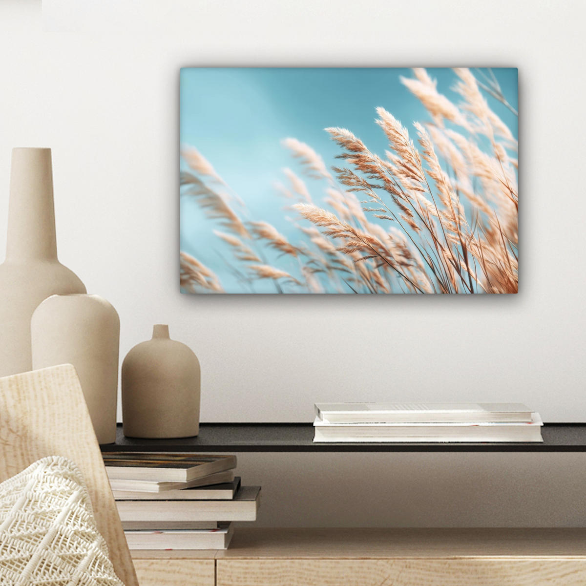 LEINWANDBILD Ziergras - Wind - Hellbraun Deko Schlafzimmer 30x20 cm - Hellblau, Textil (30/20cm) - MuchoWow