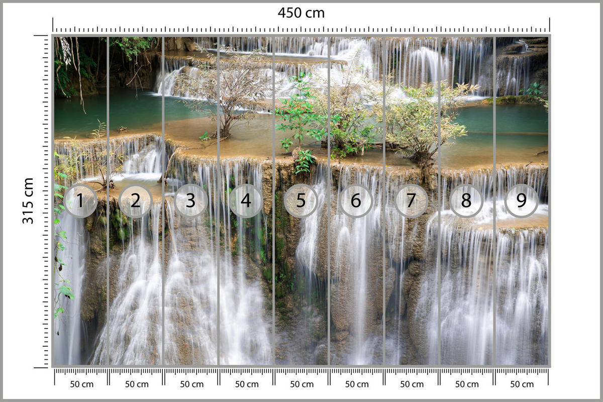 FOTOTAPETE für Wohnzimmer Wasserfall Panorama Pflanzen Natur 450x315 - Blau/Beige, Papier (450/315cm) - Muralo