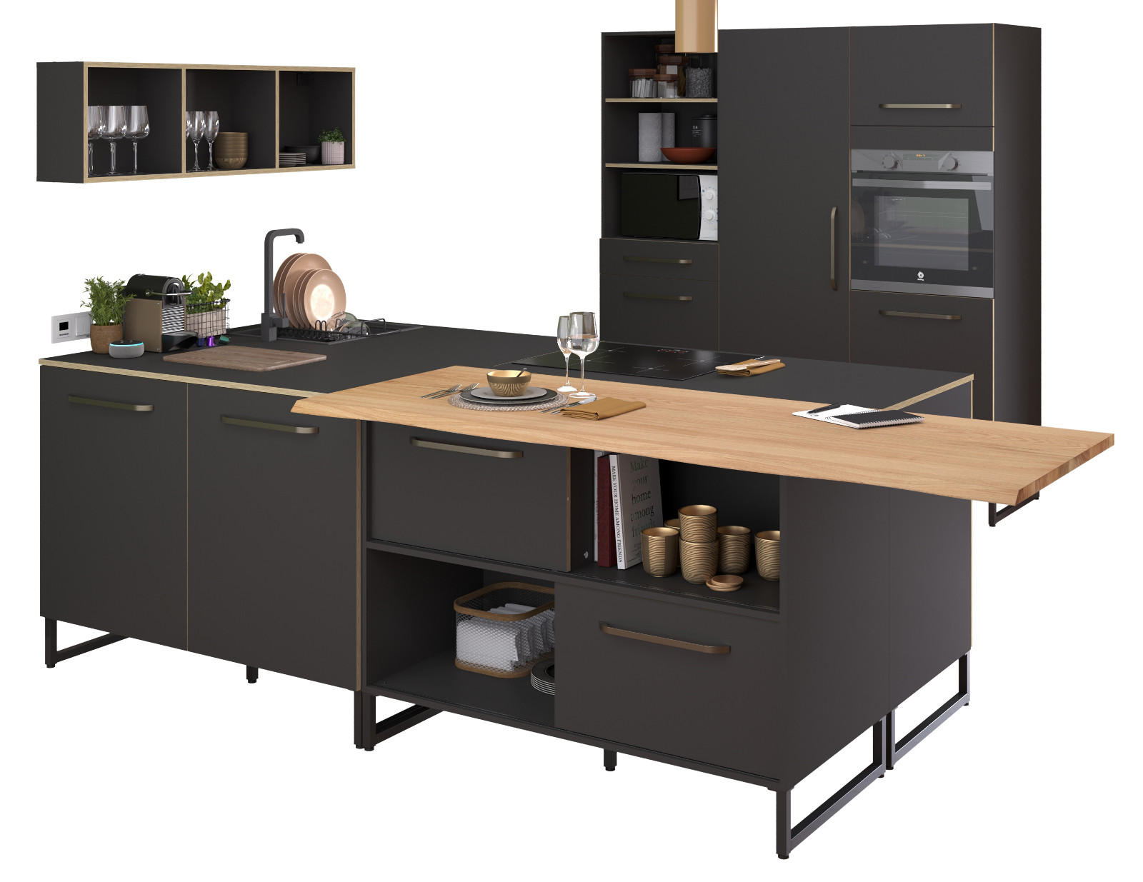 MINIKÜCHE grau, Eiche, Komplett-Set 3-teilig - Eichefarben/Grau, Holzwerkstoff (240/196/67cm) - Parisot Meuble