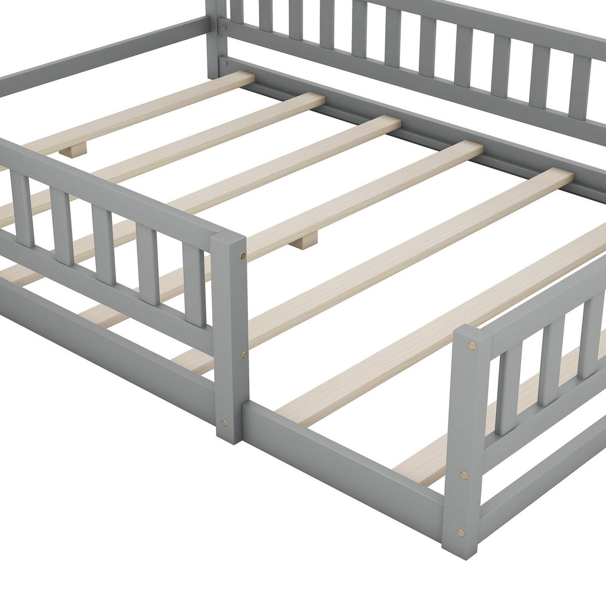 HAUSBETT aus Kiefer und MDF 140x200 cm Grau mit Hausform, Geländer und Nachttisch - Grau, Holzwerkstoff (140/200cm) - Modfu