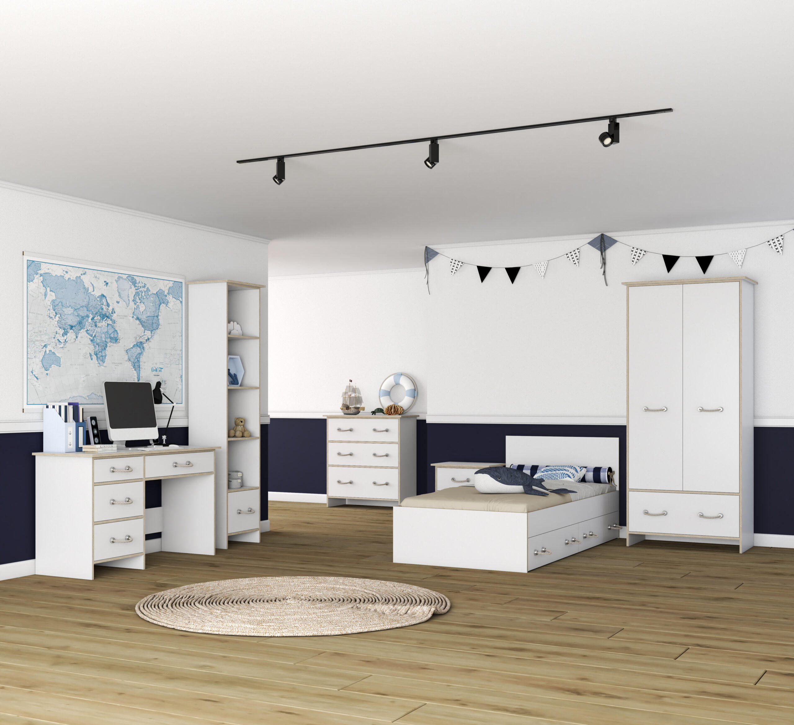JUGENDZIMMER Solani in Weiß mit Sonoma Eiche 6 teilig mit Seilgriffen – Kinderzimmer Komplettset - Weiß, Holzwerkstoff (80/200/120cm)