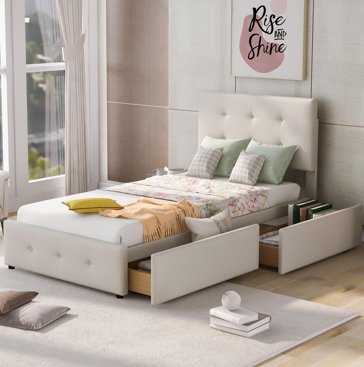 POLSTERBETT 90/200 cm beige aus Samt mit Schublade und Lattenrost - Beige, Textil (90/200cm) - OKWISH