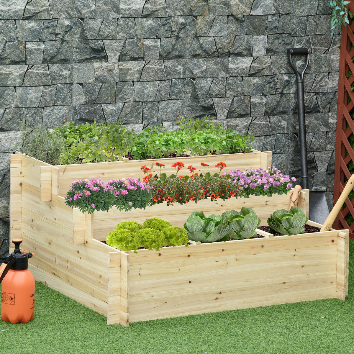 HOCHBEET, 3-stufige Blumenkasten, für Garten, Balkon, Tannenholz, Natur - Fichtefarben, Holz (100/54/117cm) - Outsunny