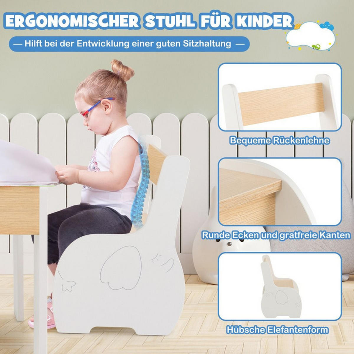 KINDERTISCH mit Stuhl weiß(3-tlg) - Weiß, Holzwerkstoff (63.5/48/61.5cm) - COSTWAY