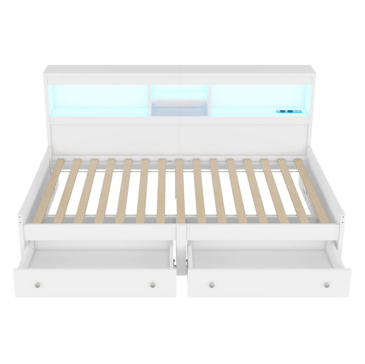 TAGESBETT 90/200 cm mit LED-Ambientebeleuchtung, 2 USB-Anschlüssen, 2 Steckdosen, 2 Schubladen und Spanplatte/MDF, Weiß/Natur - Weiß, Holzwerkstoff (90/200cm) - Redom