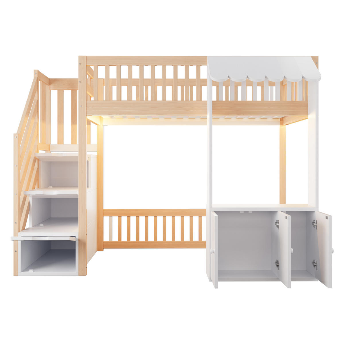 HOCHBETT 90/200 cm in Holzfarbe mit Stauraumtreppe, Stauraum und LED - Naturfarben/Weiß, Holz/Holzwerkstoff (90/200cm) - CHICFURN
