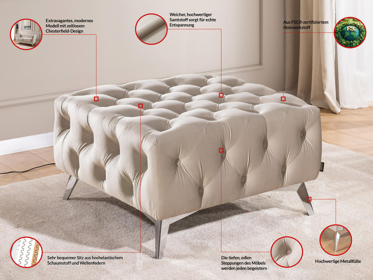 HOCKER Chesterfield Whitby Beige Samt mit silbernen Füßen - Beige/Silberfarben, Holz/Textil (80/45/80cm) - S-Style Möbel
