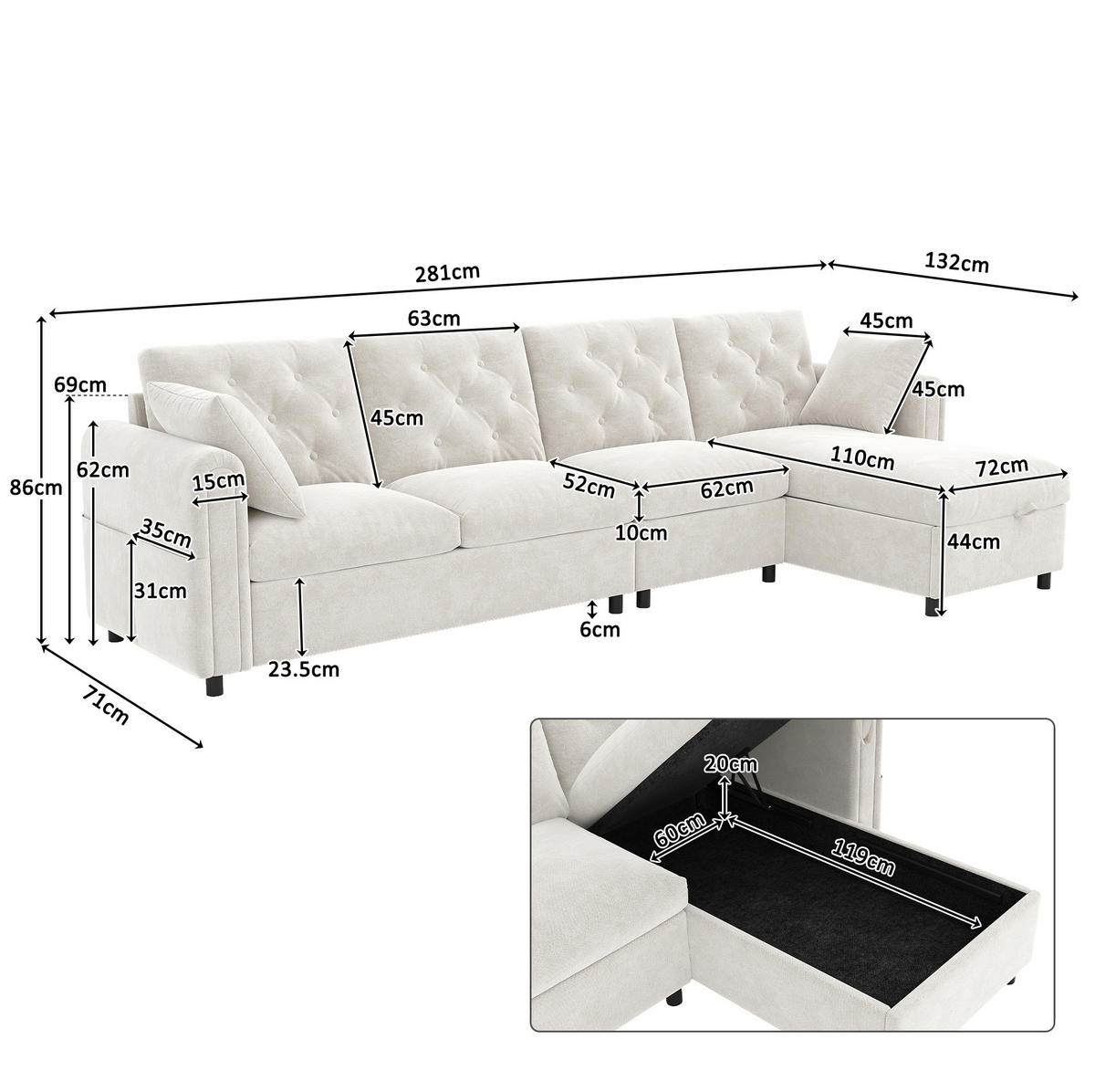 ECKSOFA 281/132/86 cm aus Samt mit Schlaffunktion und Stauraum Beige - Beige, Textil (132/281cm) - Modenvie