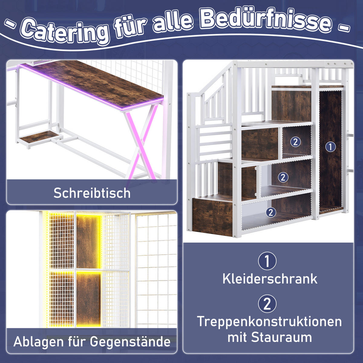 HOCHBETT 140/200 cm, Weiß mit Schreibtisch, Kleiderschrank, ohne Matratze - Weiß, Metall (140/200cm) - MIVRAY