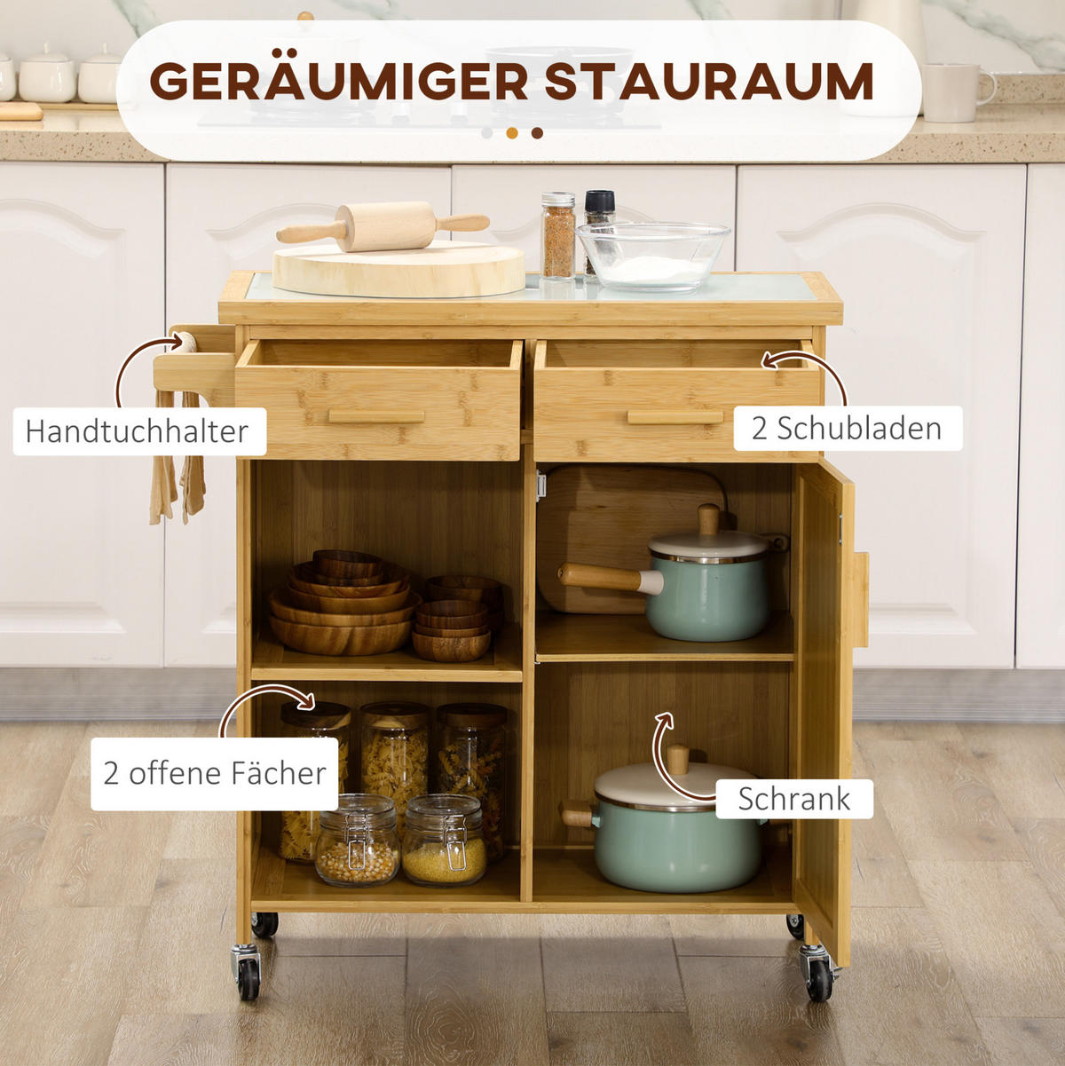 KÜCHENWAGEN mit Arbeitsplatte und Stauraum Natural Wood - Naturfarben, Holz (36/85/84cm) - Beauniv