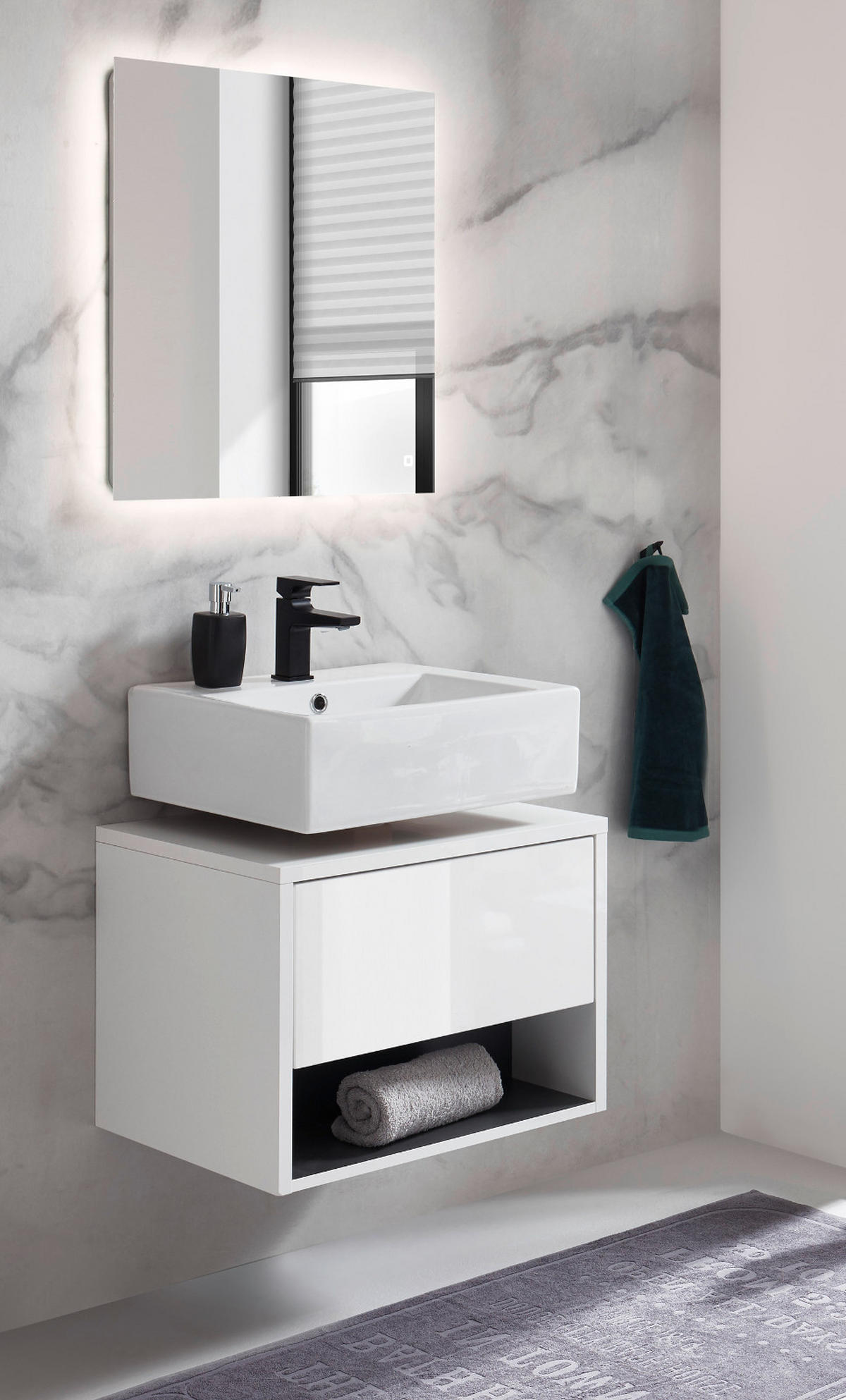 BADMÖBEL Set 2-teilig in weiß Hochglanz und grau mit LED Beleuchtung 60 x 190 cm Glide - Weiß Hochglanz/Grau, Glas/Holzwerkstoff (60/190/46cm) - Furn.Design