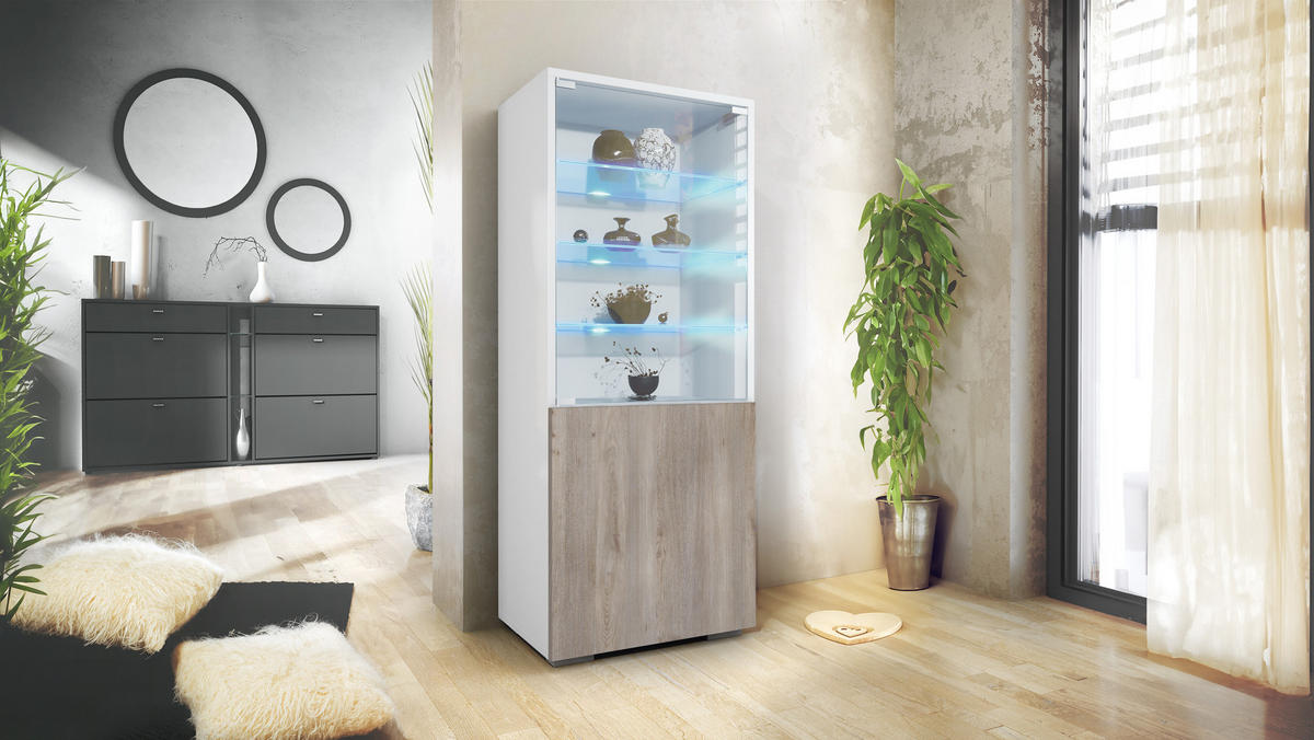 VITRINE Granada Eiche Nordic - Silbereichenfarben, Holzwerkstoff (50/122.5/34.5cm) - Vladon