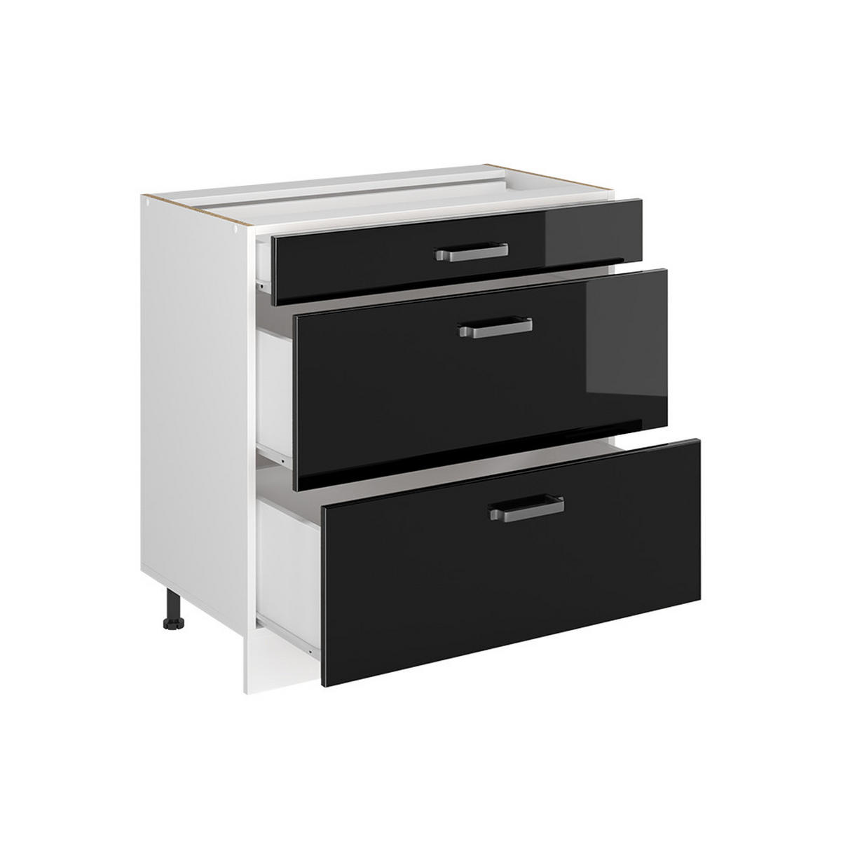 KÜCHENUNTERSCHRANK R-Line, Schwarz Hochglanz/Weiß, 80 cm mit 3 Schubladen Arbeitsplatte Anthrazit - Schwarz Hochglanz/Weiß, Holzwerkstoff (80/81.6/60cm) - Vicco