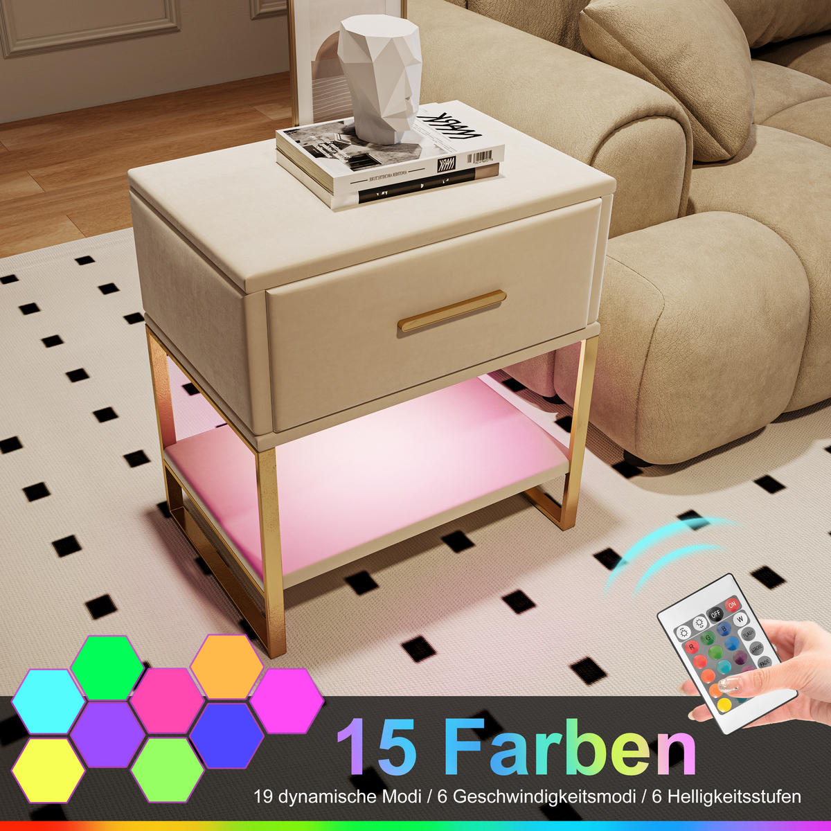 NACHTTISCH 2er Set Samt LED 1 Schublade beige - Beige, Holz (31/50/40cm) - LEBENLANG